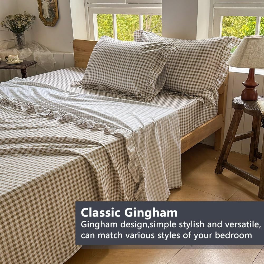 Breathable Luxury Tan Gingham Ruffle Queen Sheet Set, Taupe Soft Pre-Washed Microfiber Plaid Ruffled Queen Bed Sheets, 4-Pieces Farmhou... - Breathable Egyptian Cotton Flat & Fitted Sheets Detail