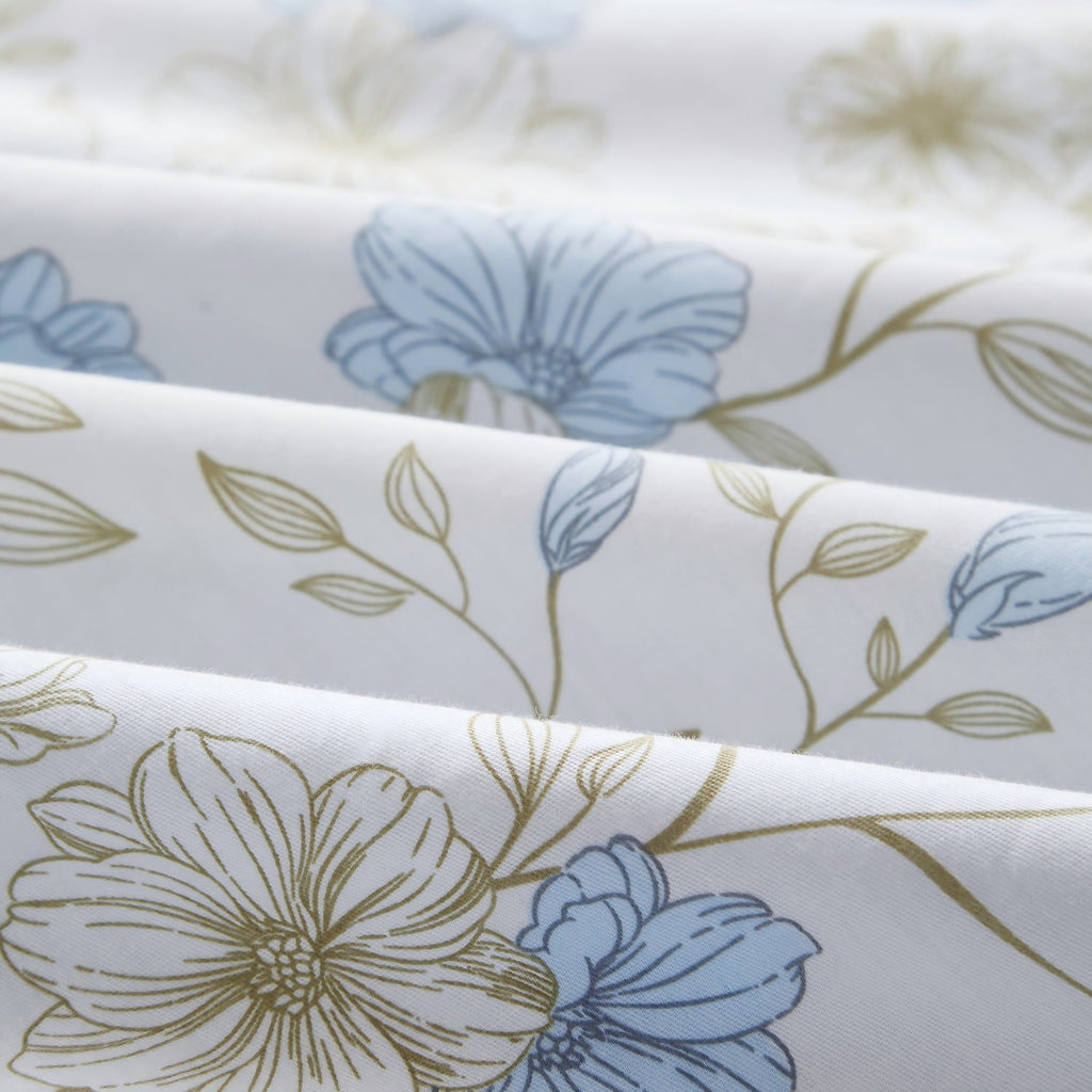 Luxurious Quilted Cotton Comforter Sets Queen Size, 3 Pieces Botanical Blue Floral Reversible Bedding Sets for Adults All Season - Cloud-Like Soft Lightweight Bed Comforter Detail