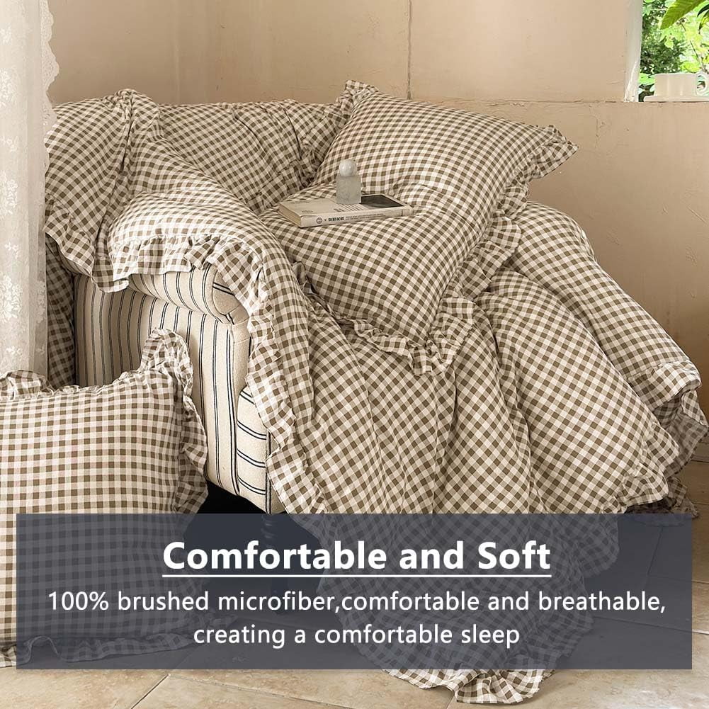 Hypoallergenic Cloud Tan Gingham Ruffle Queen Comforter Set, Taupe Ruffled Plaid Bedding Set, Ruffled Checked Bed Comforter 3 Pieces(Tan G... - All-Season Down Alternative Comforter Insert Detail