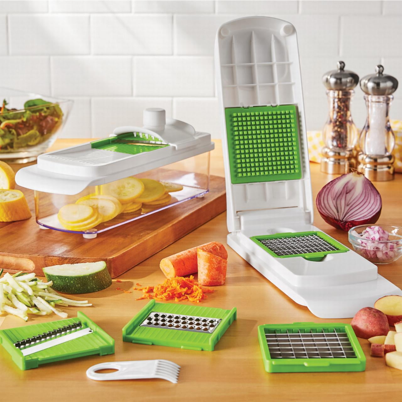 Innovative 11 Pieces Multi-Function Nice Dicer and Mandoline, Stainless Steel, Green Glaze, 820g - Multi-Functional Manual Food Chopper & Slicer Detail