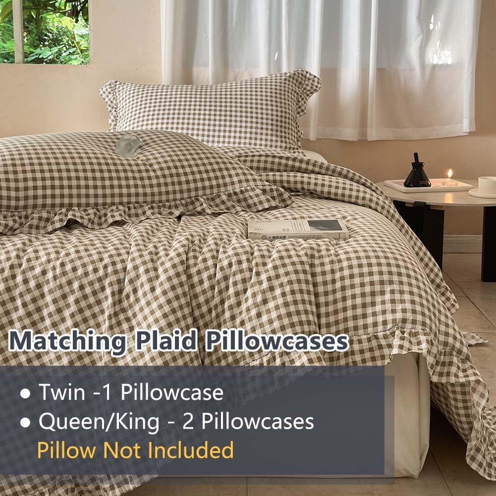 Hypoallergenic Cloud Tan Gingham Ruffle Queen Comforter Set, Taupe Ruffled Plaid Bedding Set, Ruffled Checked Bed Comforter 3 Pieces(Tan G... - All-Season Down Alternative Comforter Insert Detail