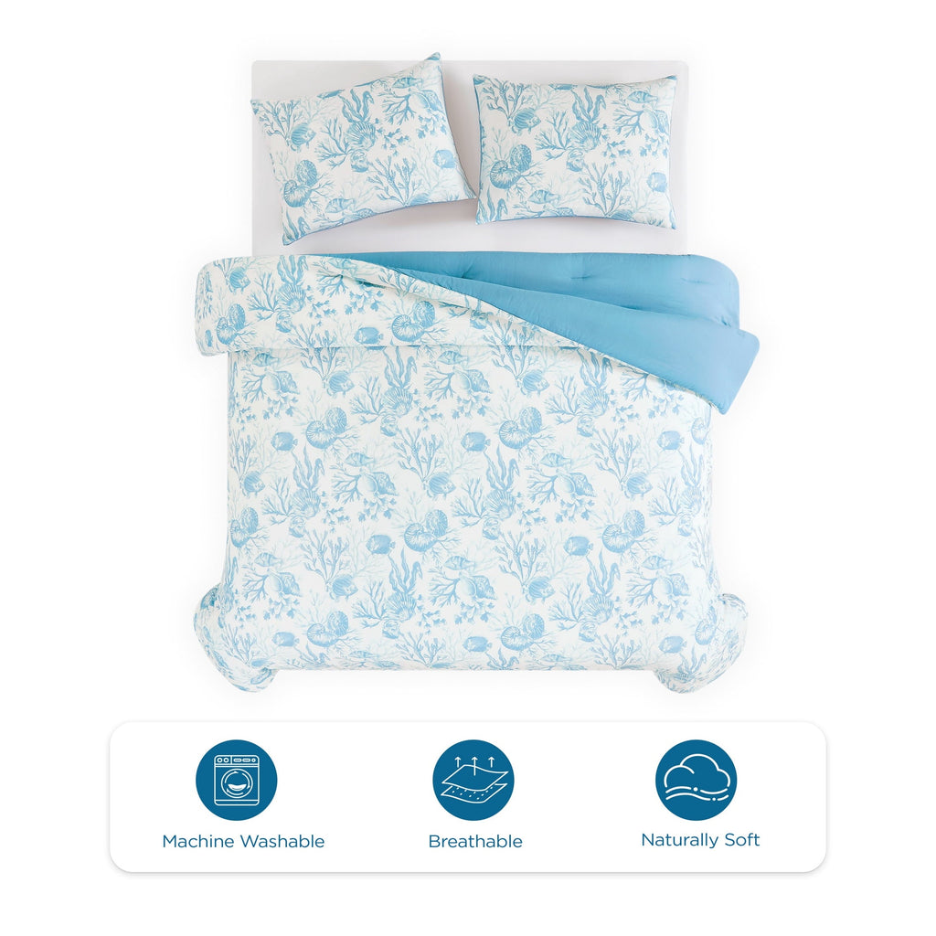 Fluffy Down Alternative 3-Piece Lightweight 100% Cotton Blue & White Ocean Print Comforter Set, Full/Queen - Luxurious Quilted Duvet Cover Set Detail