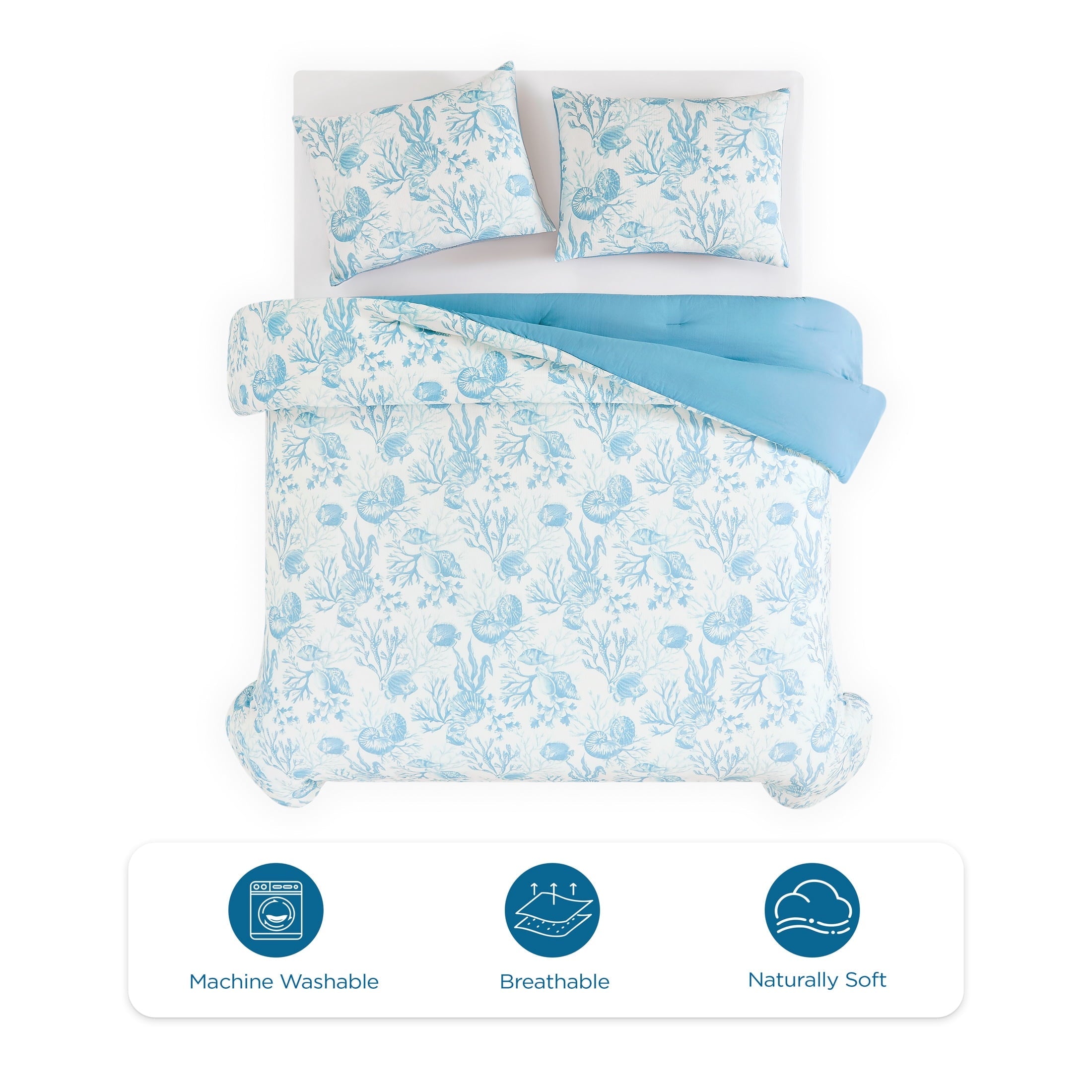 Fluffy Down Alternative 3-Piece Lightweight 100% Cotton Blue & White Ocean Print Comforter Set, Full/Queen - Luxurious Quilted Duvet Cover Set Detail