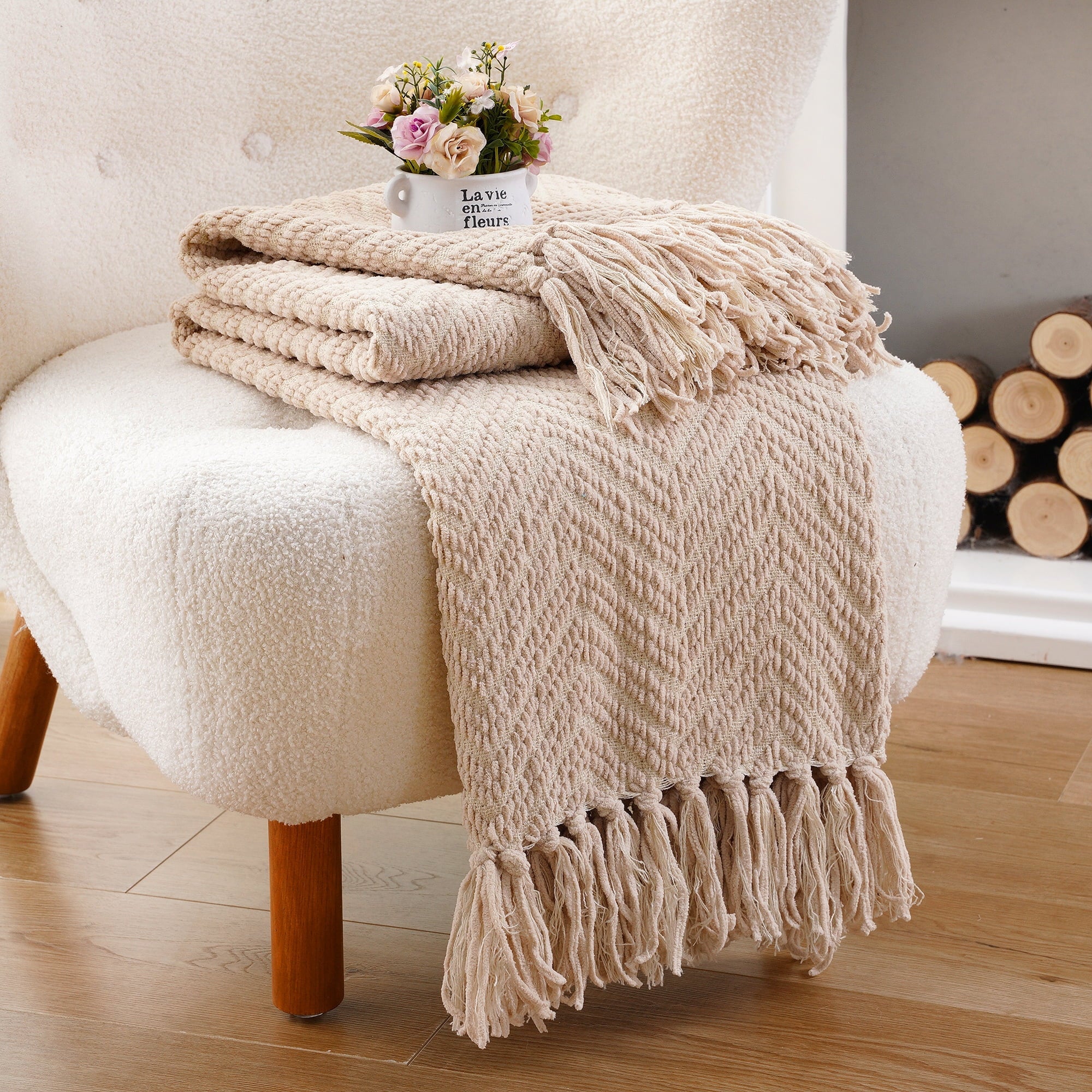 Decorative Knitted Beige Throw Blanket,Textured Knitted Tan Throws with Tassels,Neutral Sofa Bed Throws,50"x60" - Cozy Fleece Throw Blanket for Couch & Bed Detail