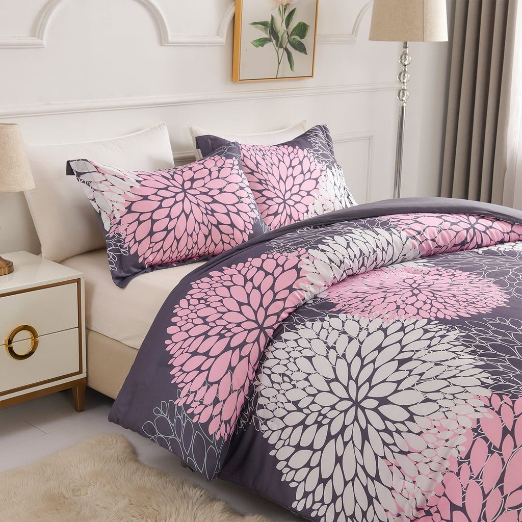 Hypoallergenic Cloud 2 Pieces Pink Floral Comforter Set Twin Size, Botanical Bedding Sets with Cute Flowers Printing for Teen Girls - Luxurious Quilted Duvet Cover Set Detail