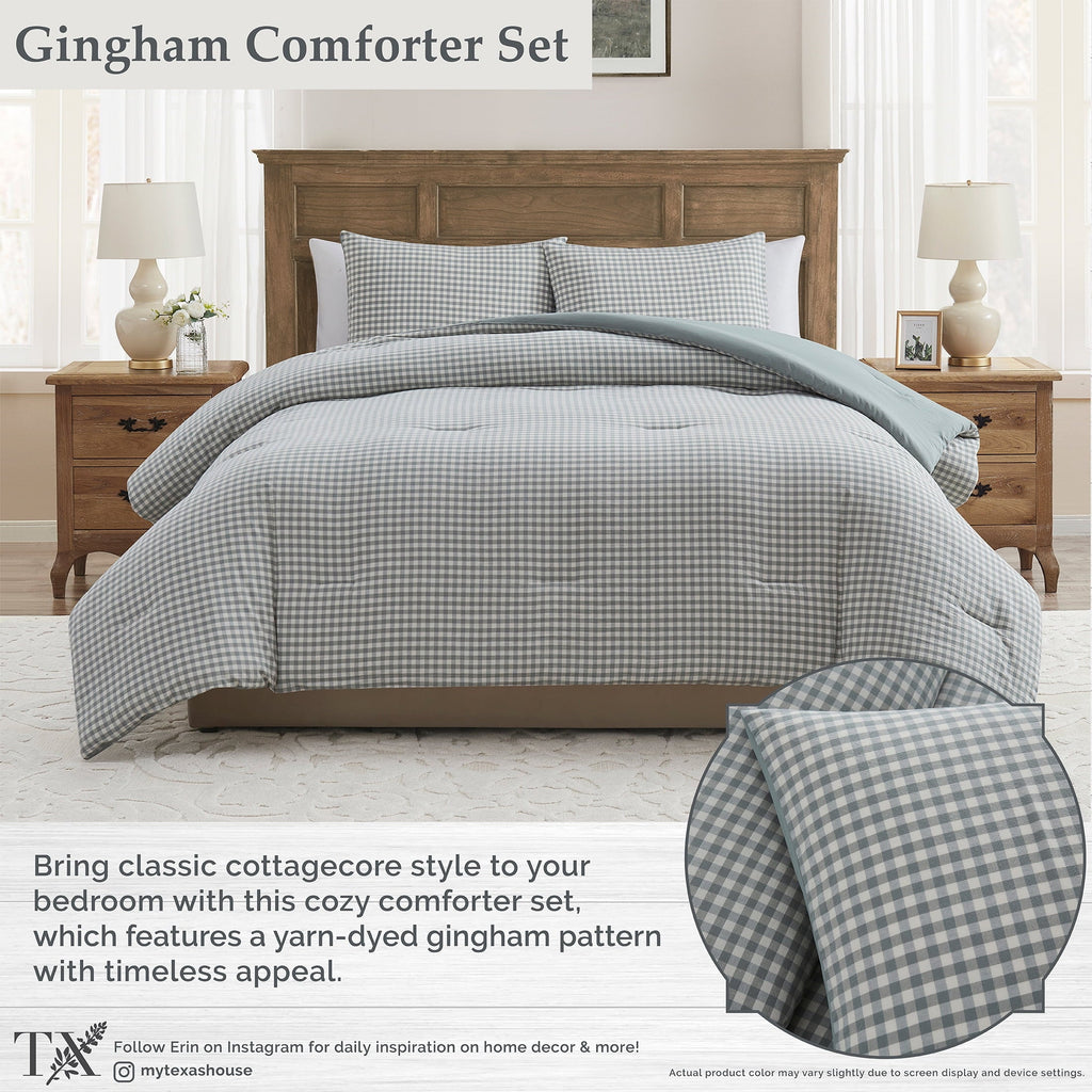 Luxurious Quilted Full/Queen Comforter Set, All-Season, 3-Piece, Green Gingham Plaid - All-Season Down Alternative Comforter Insert Detail