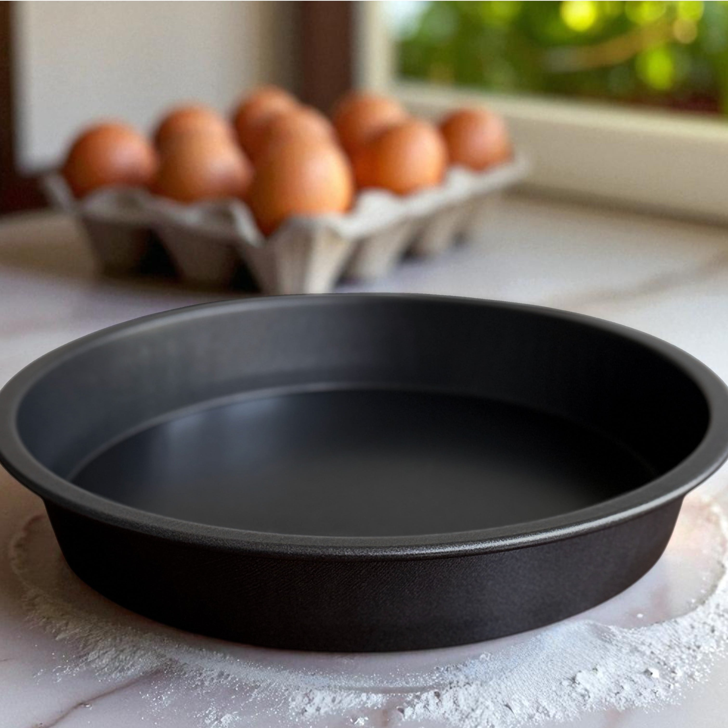 Multi-Functional 9" x 9" Round Nonstick Steel Cake Pan, Dark Gray - Premium Stainless Steel Garlic Presser & Peeler Detail