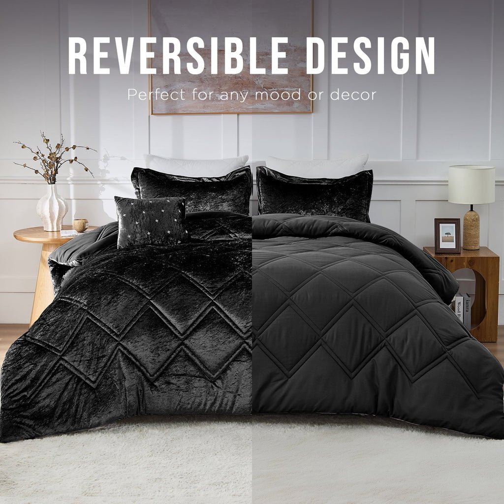 Luxurious Quilted King/Cal King Size Comforter Sets, Velvet Bedding Comforter Set for All Seasons, Black Bedding Set with Decor Pillow - Hypoallergenic Ultra-Fluffy Quilt for Winter - Default Title