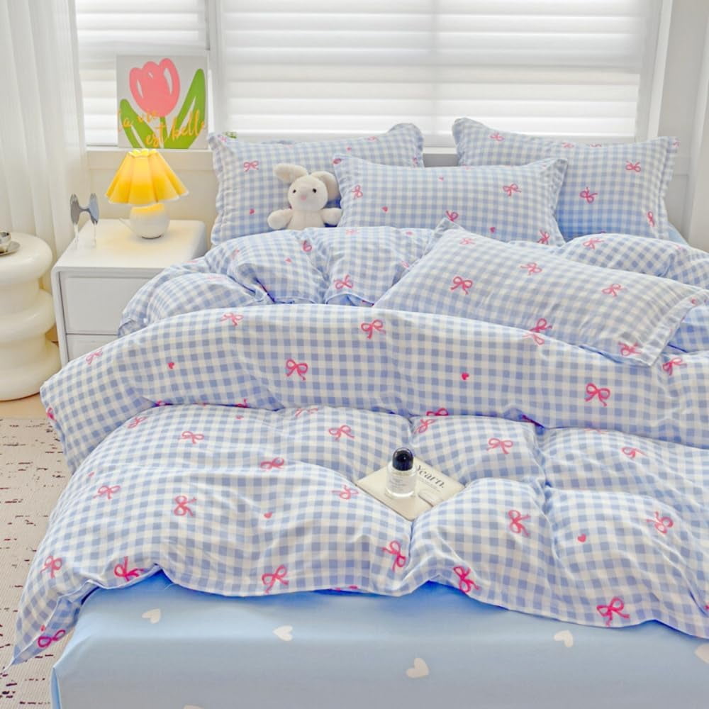 Fluffy Down Alternative 3-Piece Blue Plaid Pink Bows Comforter Full Set , Cute Soft Bedding Set for Kids Adults - All-Season Down Alternative Comforter Insert Detail