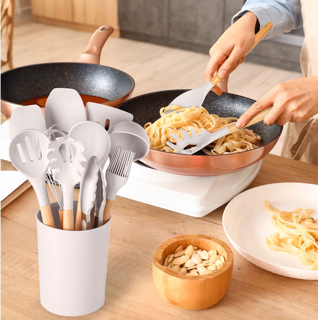 Non-Stick Safe Silicone & Bamboo Cooking Utensil Set, 14 Pieces - Ergonomic Kitchen Tongs and Cooking Spoon Utensil Detail