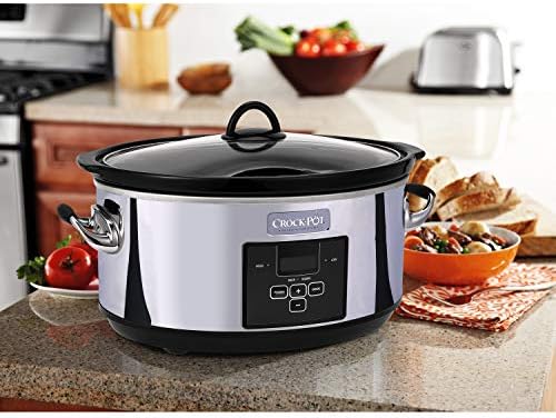 Oval Ceramic Crock-Pot 7 Quart Programmable Slow Cooker – Polished Platinum S23E - Stainless Steel Slow Cooker with Locking Lid Detail