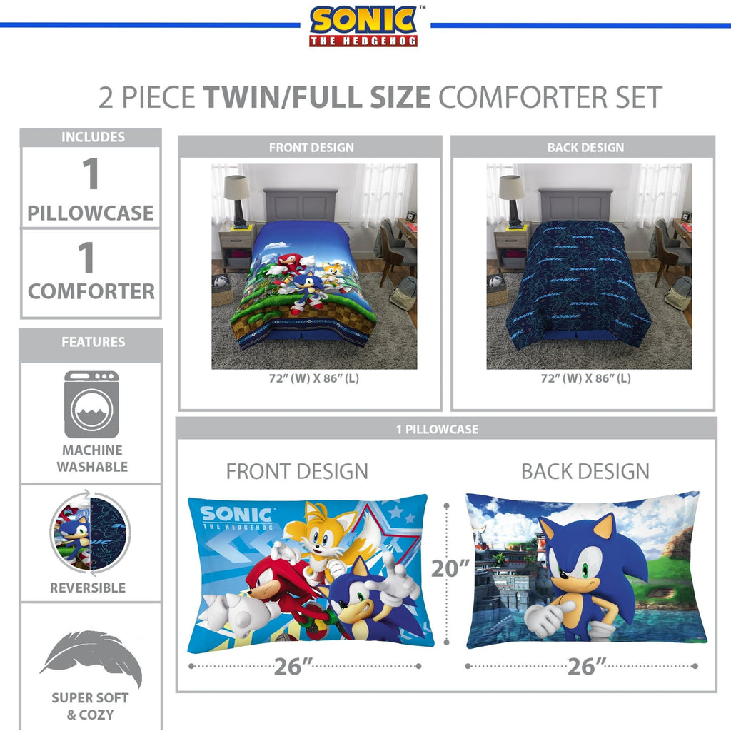 Fluffy Down Alternative Sonic the Hedgehog Kids 2 Piece Blue Green Reversible Comforter and Pillowcase set, Twin/full - Hypoallergenic Ultra-Fluffy Quilt for Winter Detail