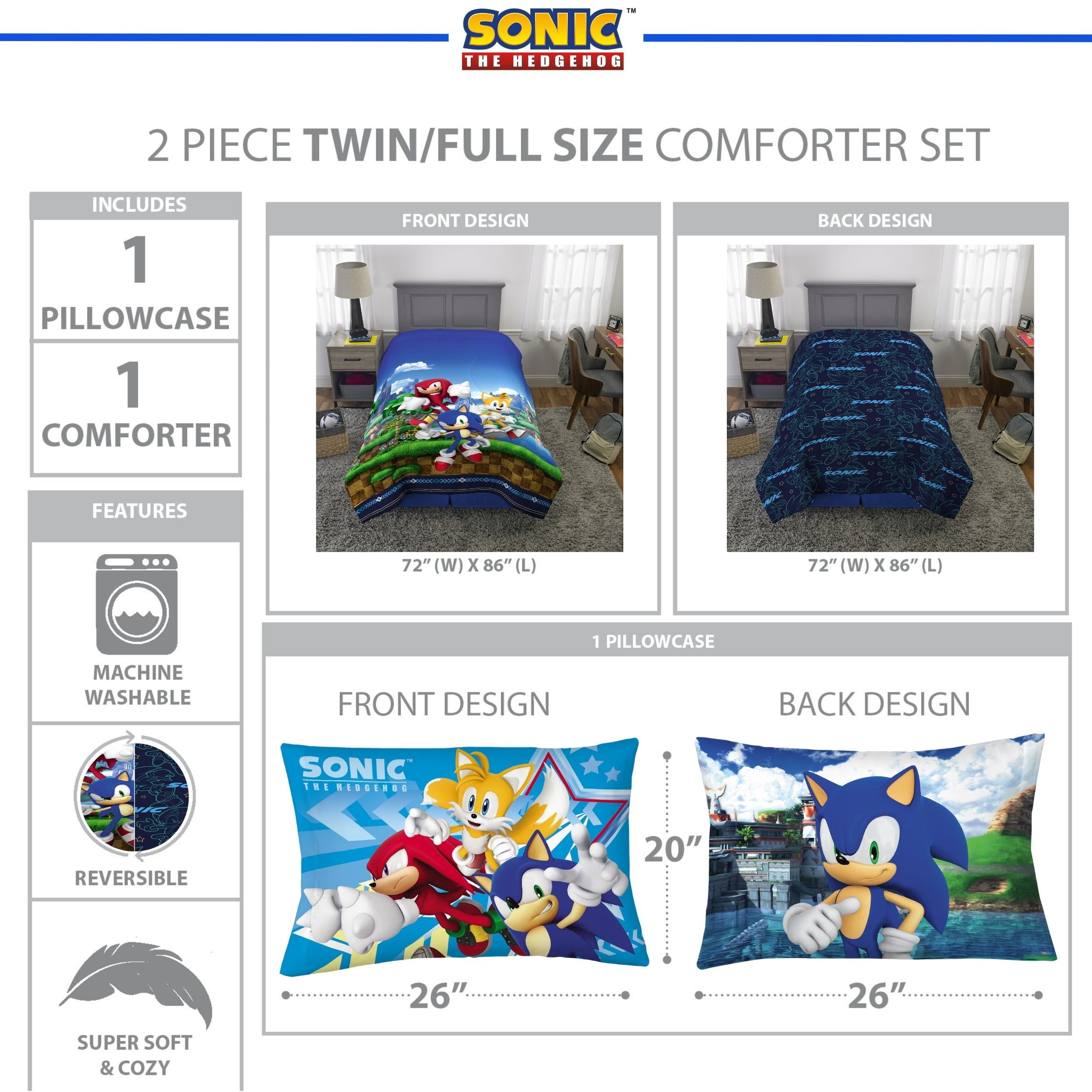 Fluffy Down Alternative Sonic the Hedgehog Kids 2 Piece Blue Green Reversible Comforter and Pillowcase set, Twin/full - Hypoallergenic Ultra-Fluffy Quilt for Winter Detail