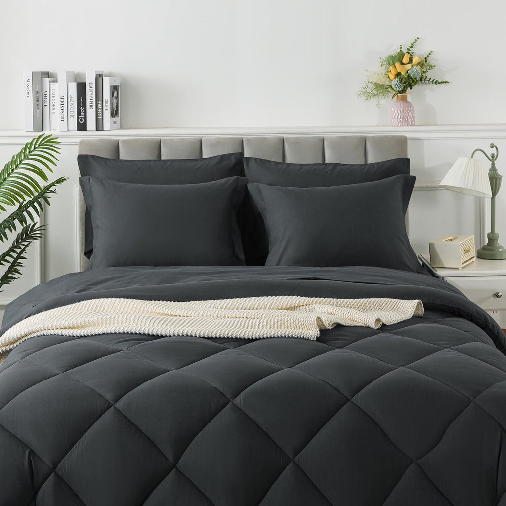 Fluffy Down Alternative Queen Bed in a Bag Comforter Set with 7 Pieces - Dark Gray All Season Bedding Sets with Comforter, Pillow Shams, Flat... - Luxurious Quilted Duvet Cover Set Detail