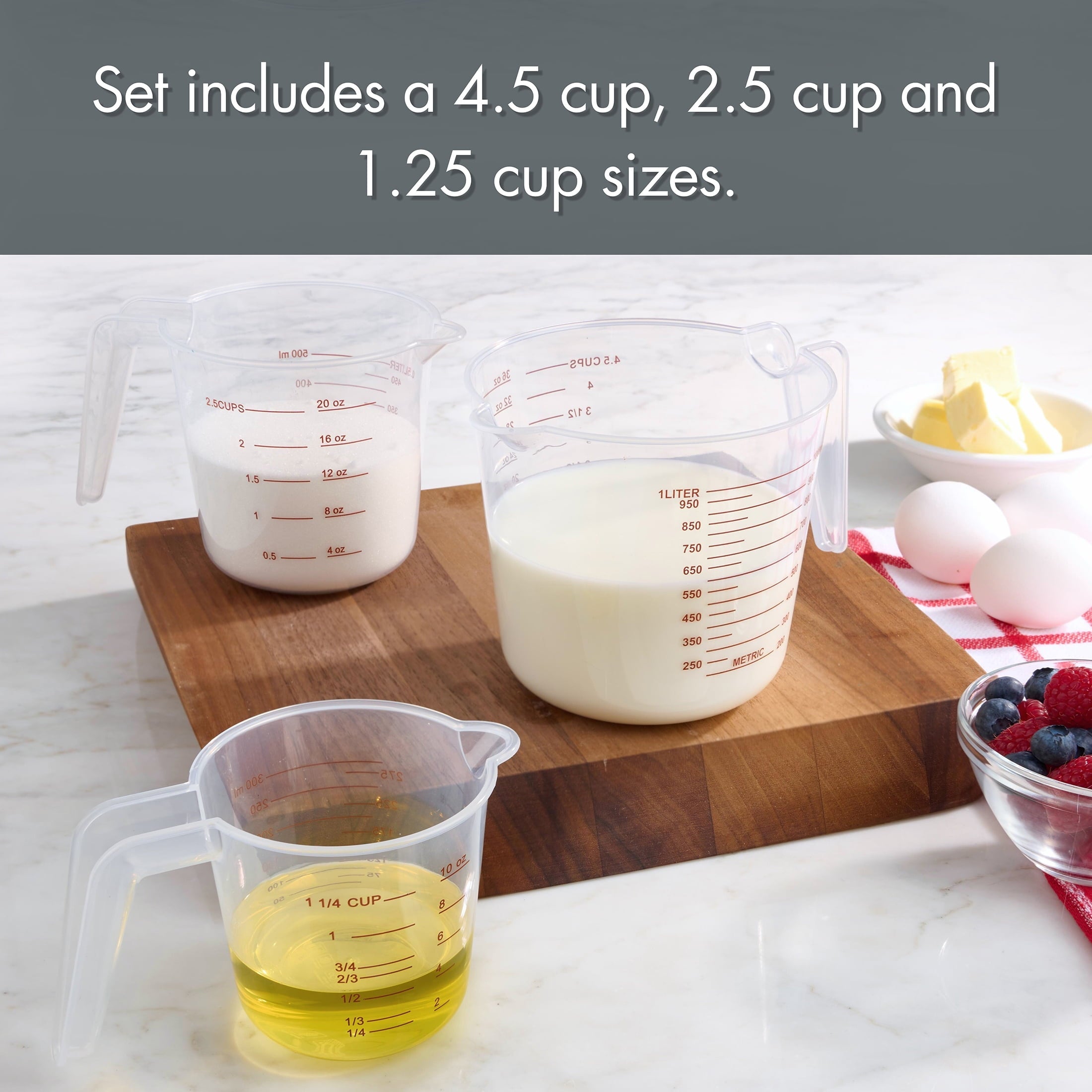 Ergonomic Manual 3-Piece Tapered Spout Nesting Plastic Measuring Cups Set, Clear - Premium Stainless Steel Garlic Presser & Peeler Detail
