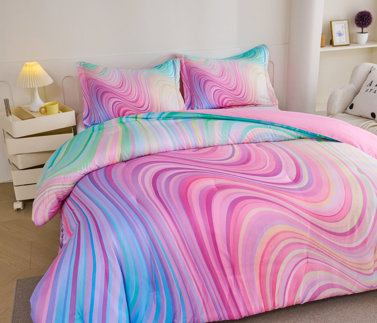 Fluffy Down Alternative 3-Piece Abstract Tie Dye Comforter Set, Blue Pink Purple, Kids Bedding Set for Girls Full/Queen Size - All-Season Down Alternative Comforter Insert Detail