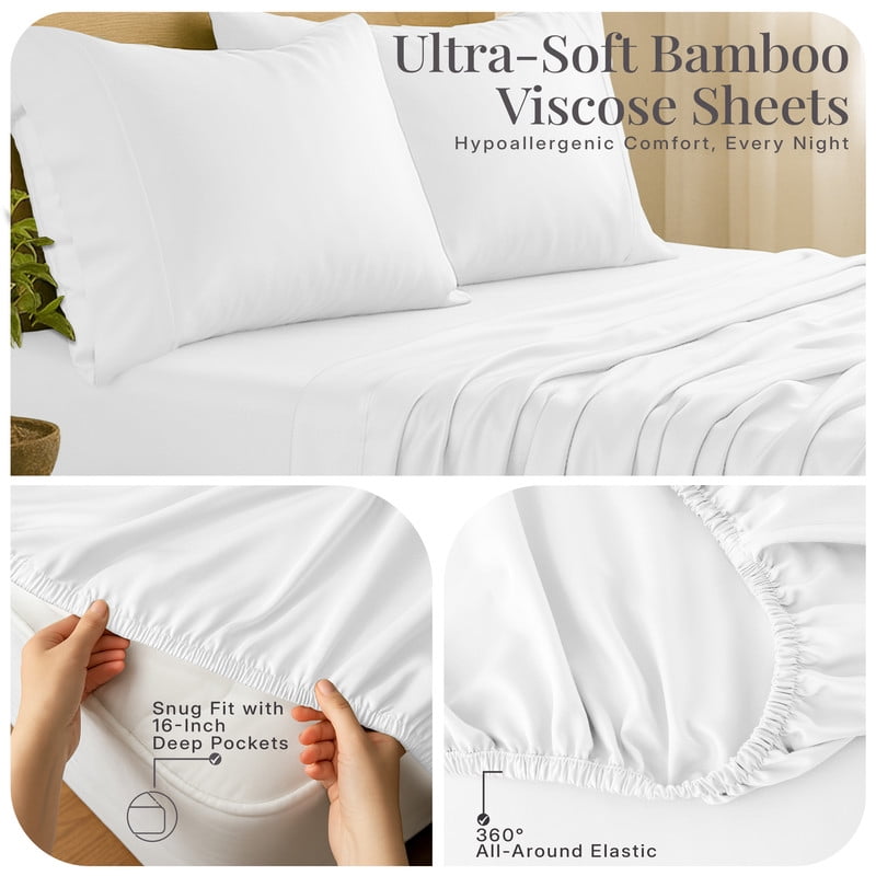 Premium Egyptian Cotton Lux Decor 100% Organic Viscose - 4 Piece Ultra-Soft Luxury Cooling Bed Sheets, 16" Deep Pocket, Breathable & Hypoalle... - Luxury Bed Sheet Set with Deep Pockets Detail