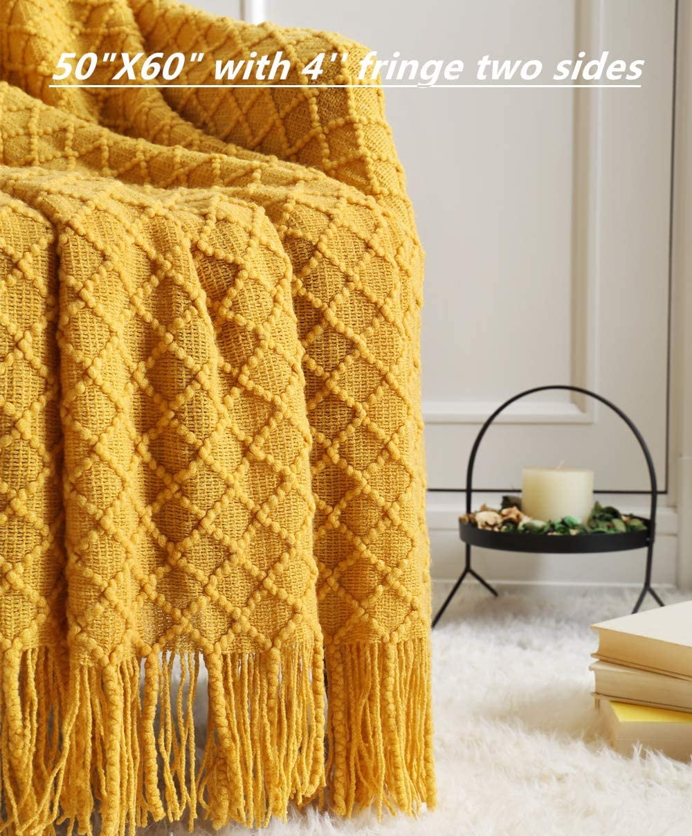 Reversible Sherpa Decorative Soft Spring Summer Fall Throw Blanket ,for Couch Sofa Chair Bed,50''X60'',Mustard Yellow - Luxury Knitted Decorative Throw Blanket with Fringes Detail