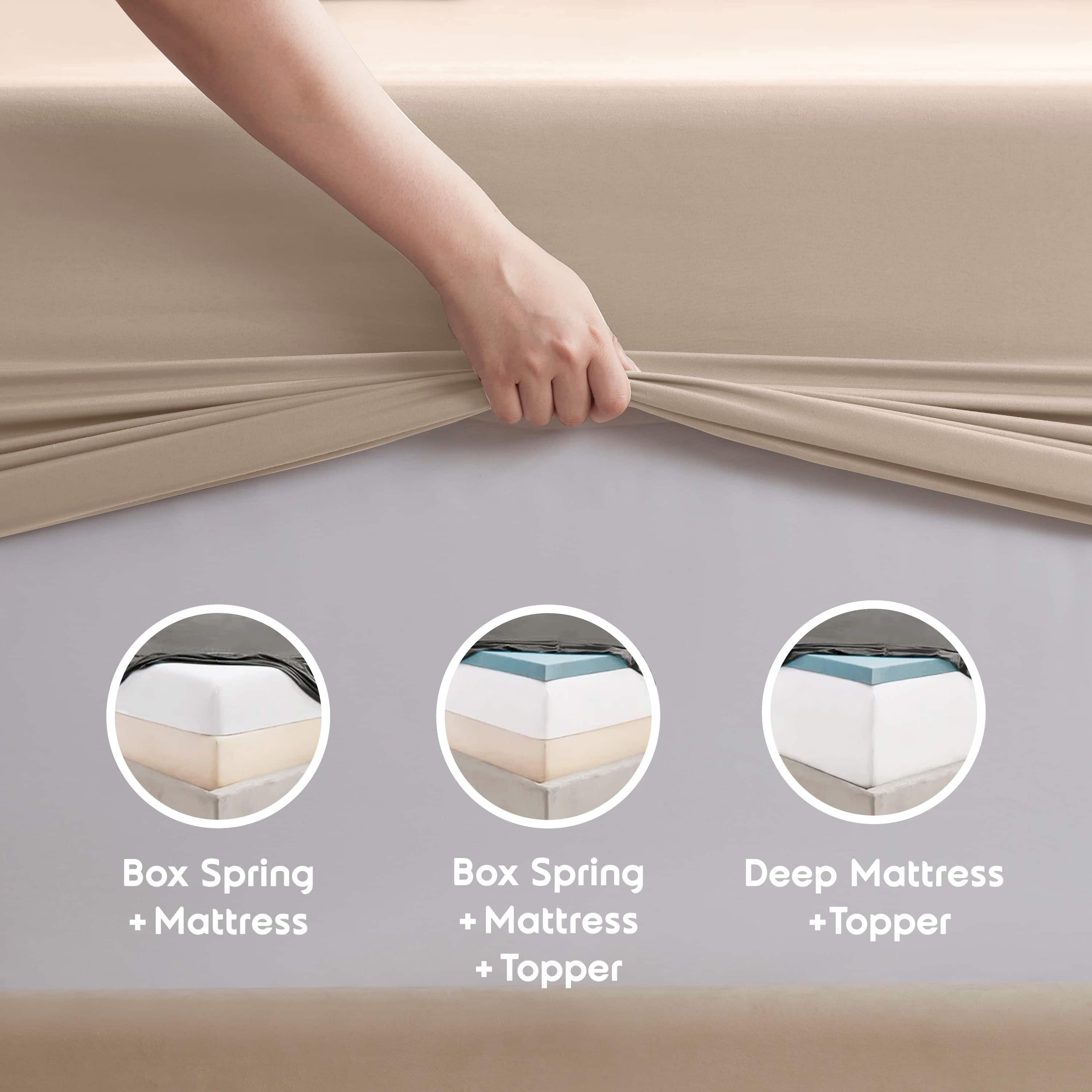 Cooling Sateen King Sheet Sets, 1800 Series Deep Pocket 4 Piece, Luxury Soft Microfiber Bed Sheet Sets, BEIGE CREAM - Luxury Bed Sheet Set with Deep Pockets Detail