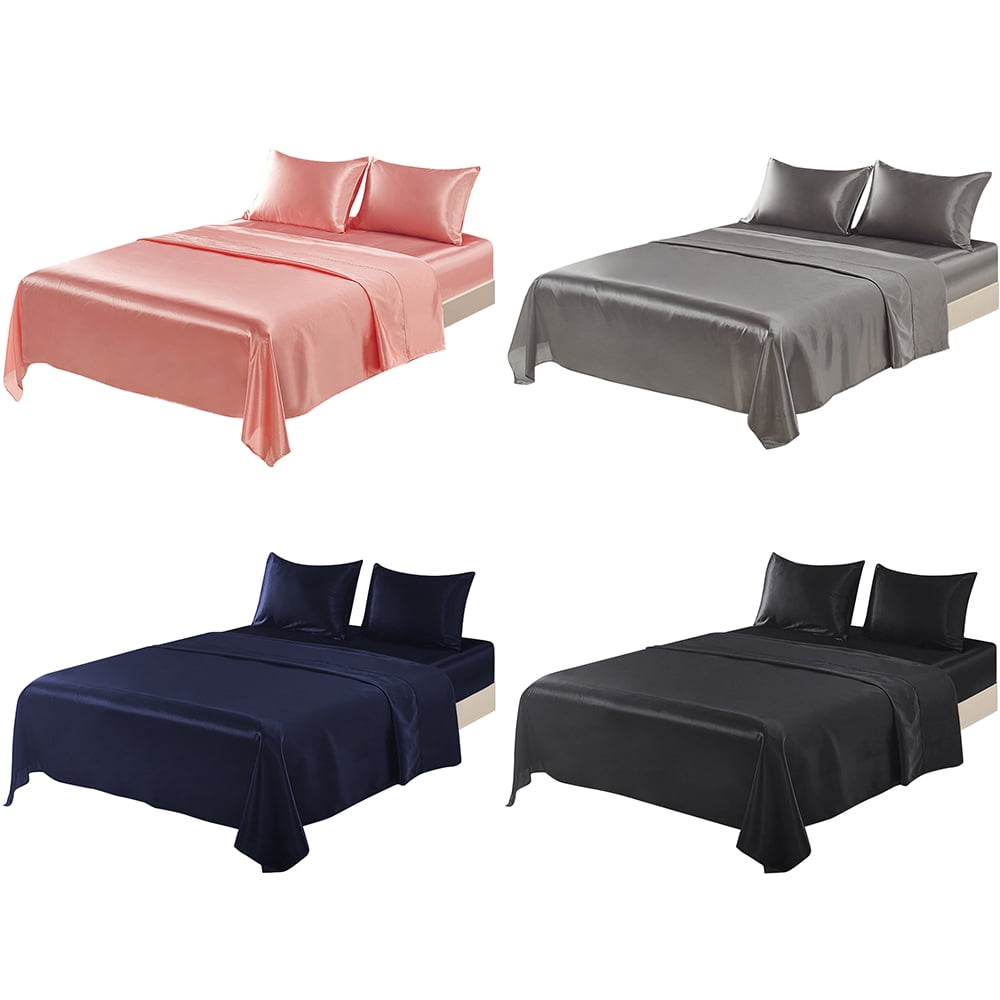 Cooling Sateen Twin Silk Gray Bed Sheet Set Deep Pocket Bed Flat Fitted Sheet, 3-Pieces - Premium Ultra-Soft Pillowcase Pair for Sleeping Detail
