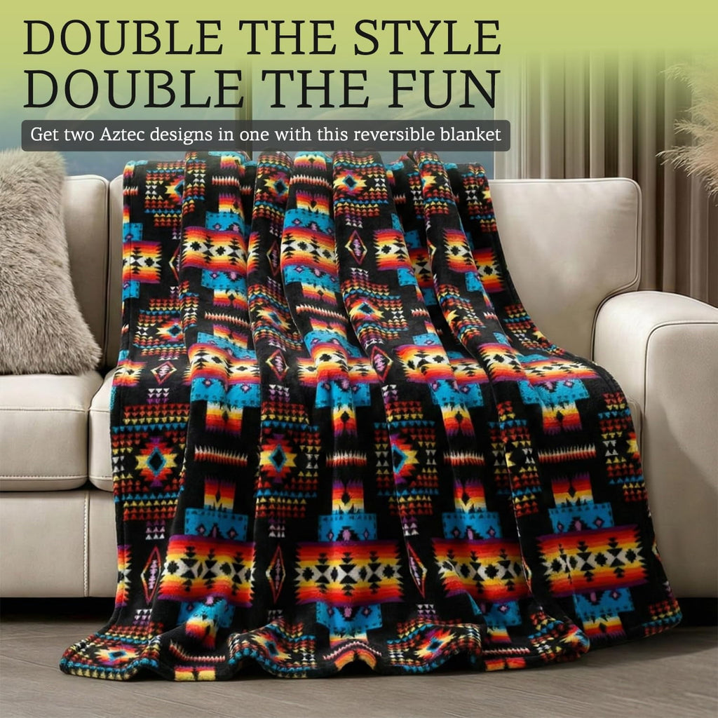 Reversible Sherpa Sacred Thread Fleece Blanket South Western, Reversible Mexican, Vibrant Aztec Blankets and Throws for Aztec Decor for... - Super Soft Reversible Sherpa Flannel Blanket Detail