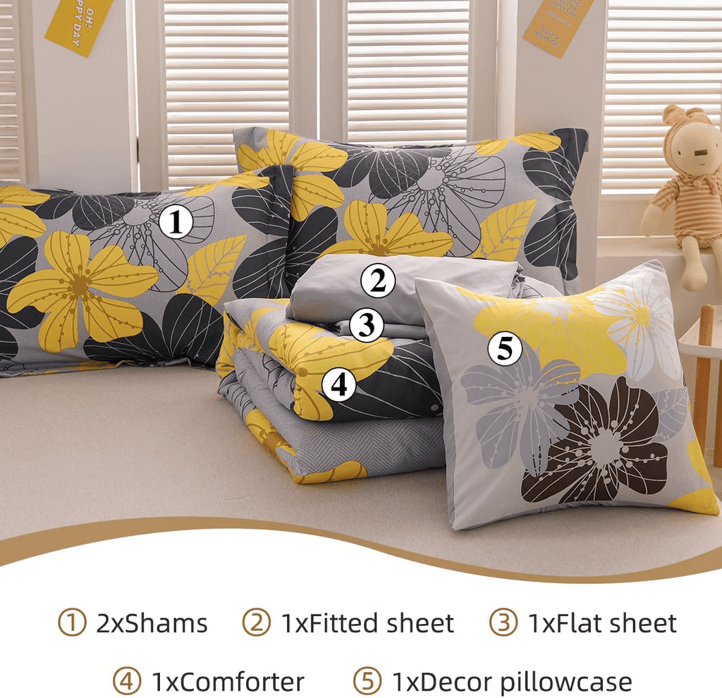 All-Season Yellow Floral Comforter Set Queen Flower Bed Set Adult Soft Botanical Boho Bedding Set - Hypoallergenic Ultra-Fluffy Quilt for Winter Detail