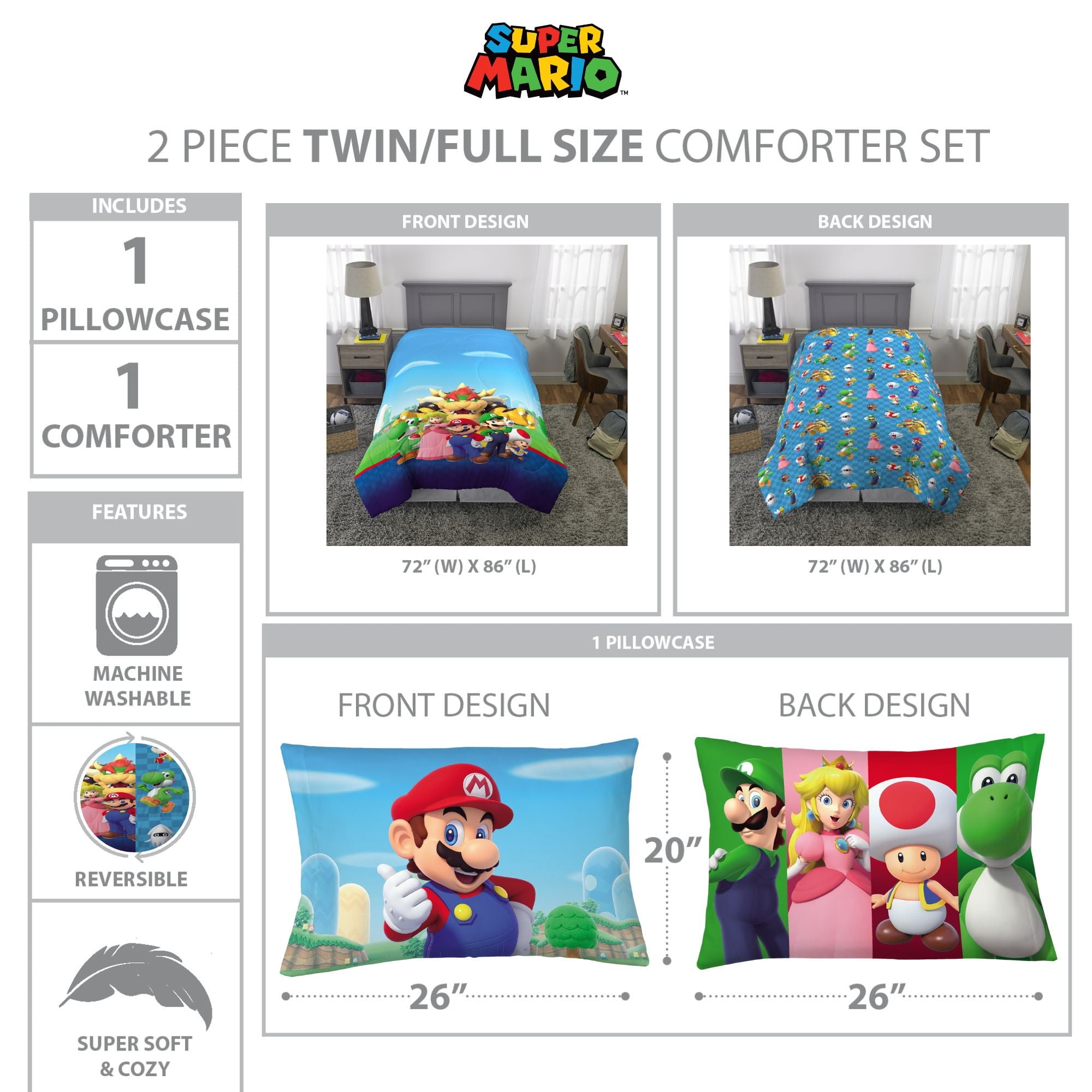 All-Season Kids Comforter and Pillowcase, 2-Piece Set, Twin/Full, Reversible - Luxurious Quilted Duvet Cover Set Detail