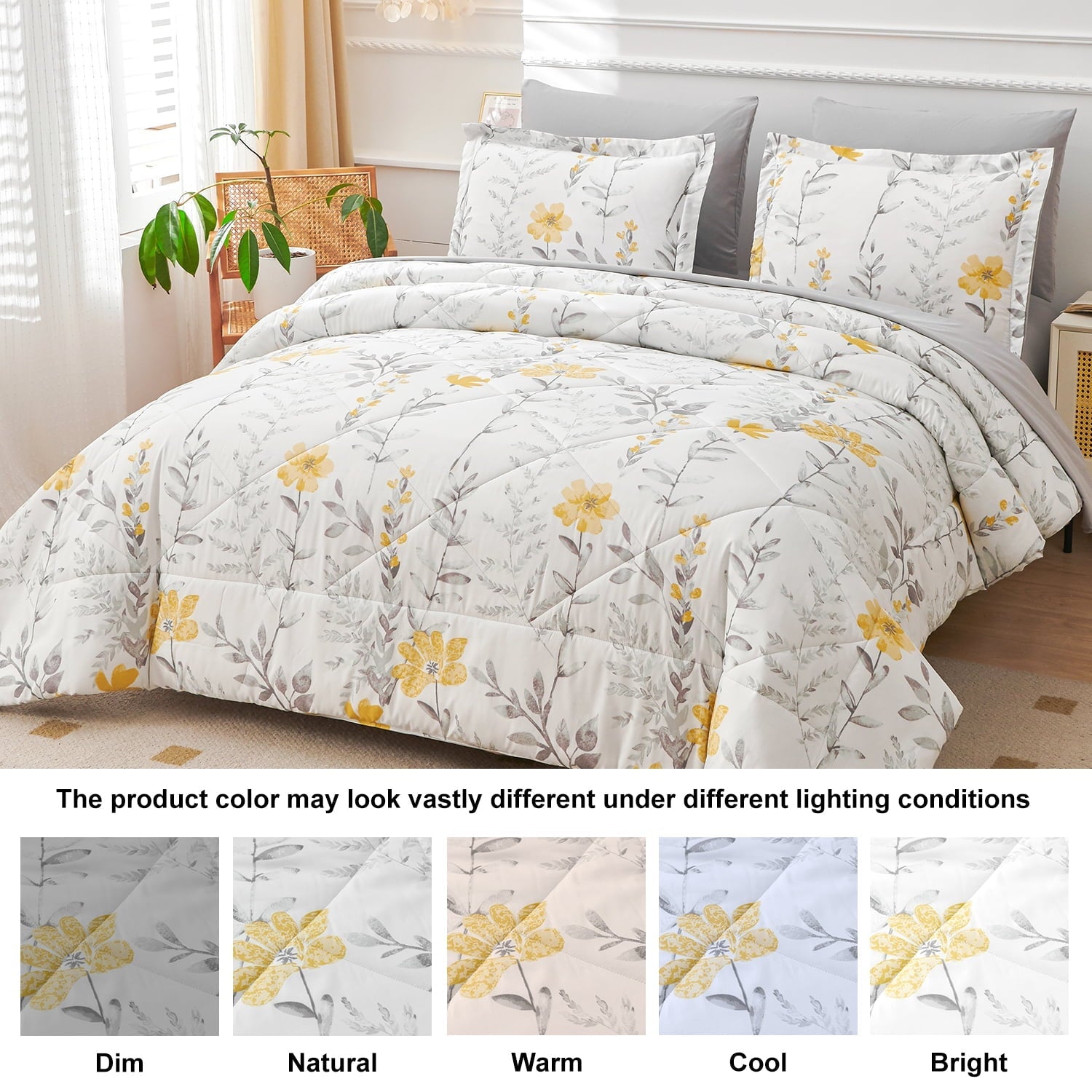 Luxurious Quilted 3 Piece Comforter Set Queen Yellow Floral Quilt Microfiber Patchwork Bedspread - Hypoallergenic Ultra-Fluffy Quilt for Winter Detail