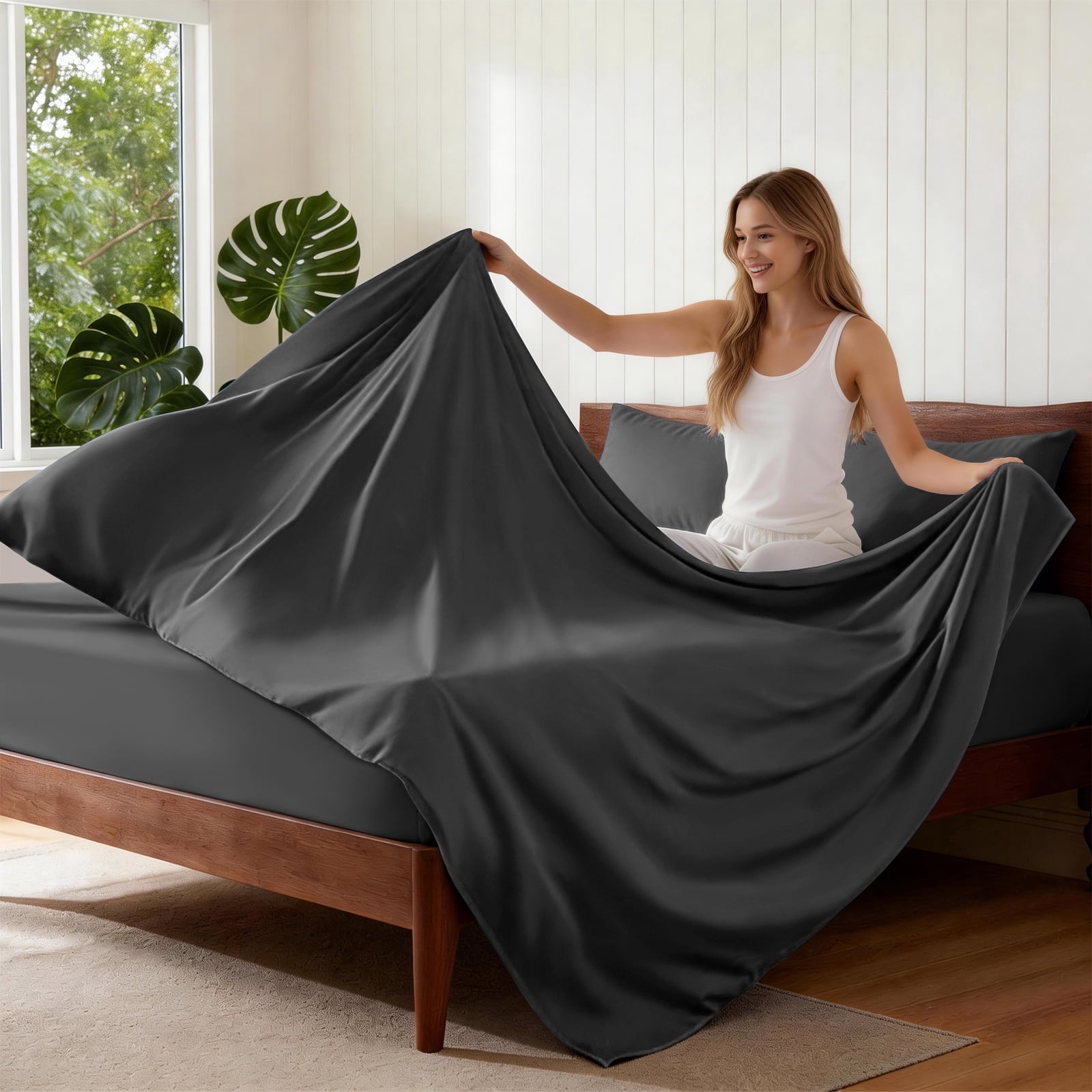 Wrinkle-Resistant Sheets,Soft Hotel Luxury Polyester Washed Cotton,4 Piece Sheets Set,with 14" Deep Pocket,Dark Gray - Premium Ultra-Soft Pillowcase Pair for Sleeping Detail