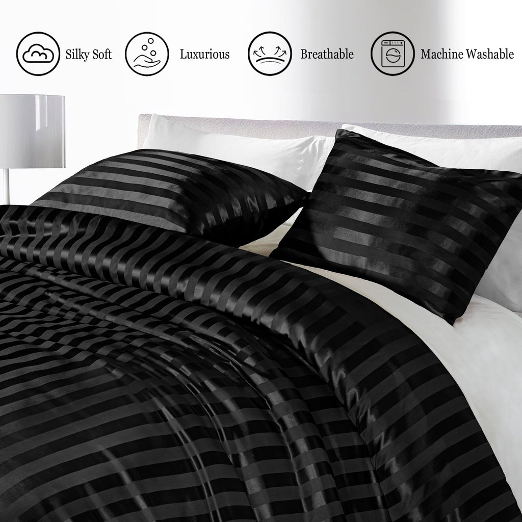 Luxurious Quilted 3-Piece Reversible Silky Soft King Size Comforter Set, Luxury Stripe Satin Oversized Comforter Bedding Set with 2 Sat... - Hypoallergenic Ultra-Fluffy Quilt for Winter Detail
