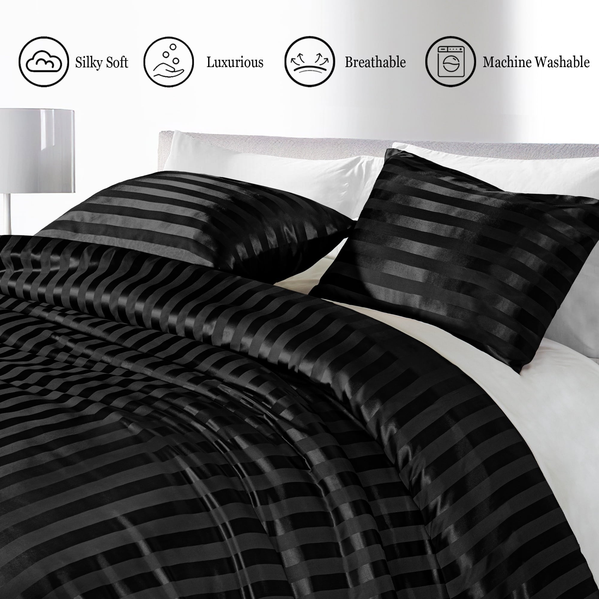 Luxurious Quilted 3-Piece Reversible Silky Soft King Size Comforter Set, Luxury Stripe Satin Oversized Comforter Bedding Set with 2 Sat... - Hypoallergenic Ultra-Fluffy Quilt for Winter Detail