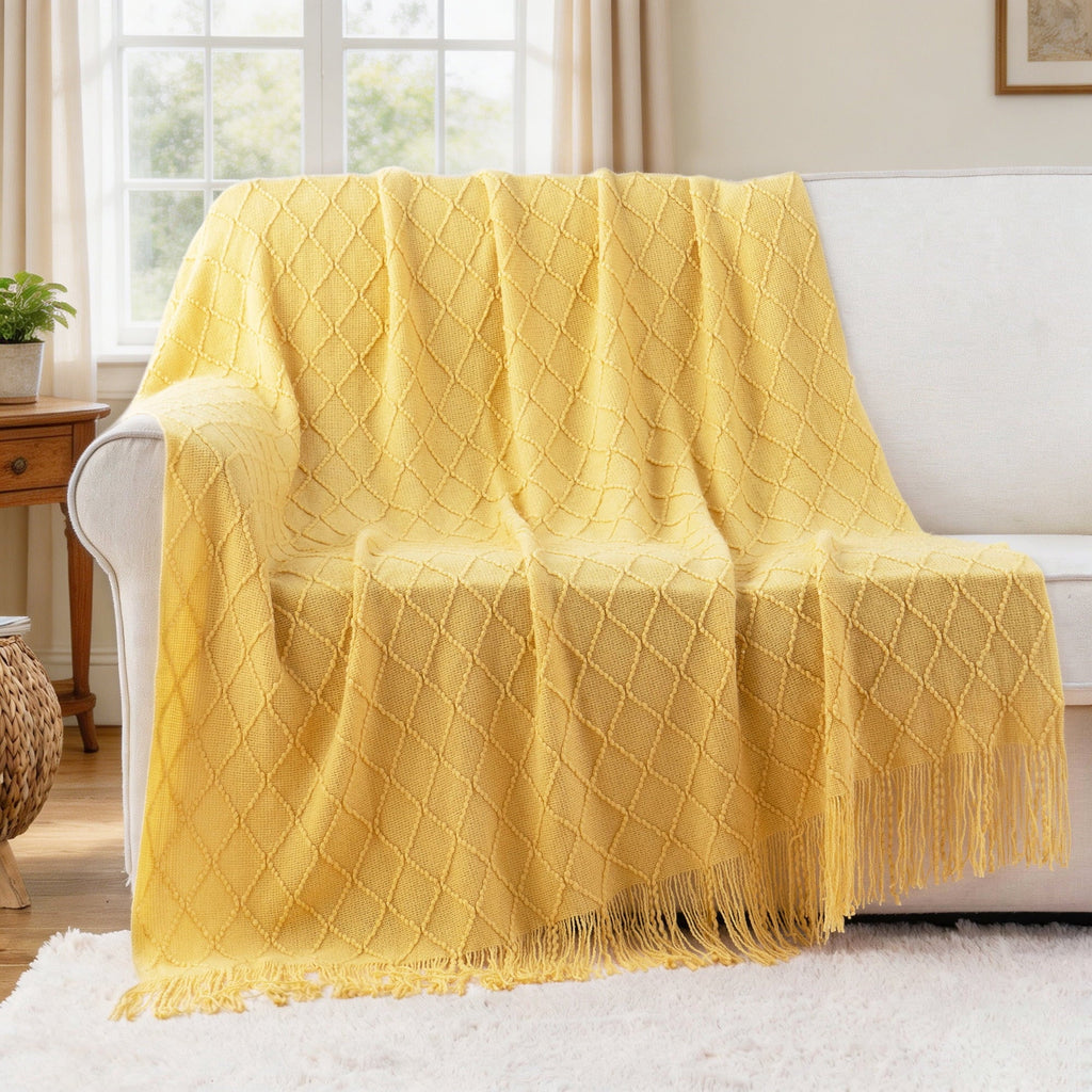 Super Soft Flannel Mustard Throw Blanket for Couch,Gold Yellow Knit Throw with Fringe,Outdoor Throw ,50"x60" - Luxury Knitted Decorative Throw Blanket with Fringes Detail