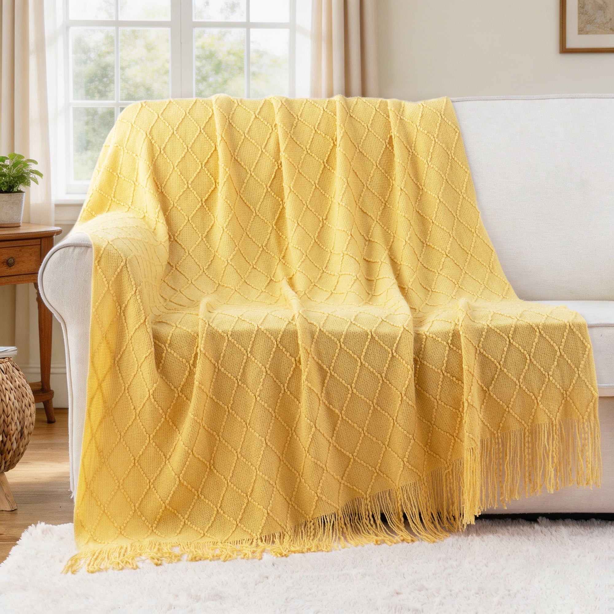 Super Soft Flannel Mustard Throw Blanket for Couch,Gold Yellow Knit Throw with Fringe,Outdoor Throw ,50"x60" - Luxury Knitted Decorative Throw Blanket with Fringes Detail