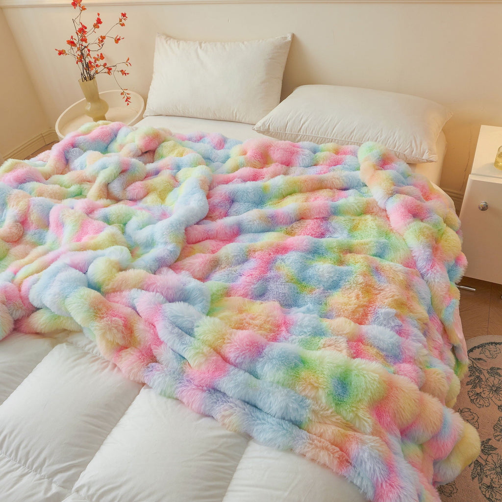 Reversible Sherpa Fluffy Faux Rabbit Fur Bubble Throw, Rainbow Plush Shaggy Blanket for Couch Sofa Chair, Soft Tie Dye Furry Blanket Ad... - Super Soft Reversible Sherpa Flannel Blanket Detail