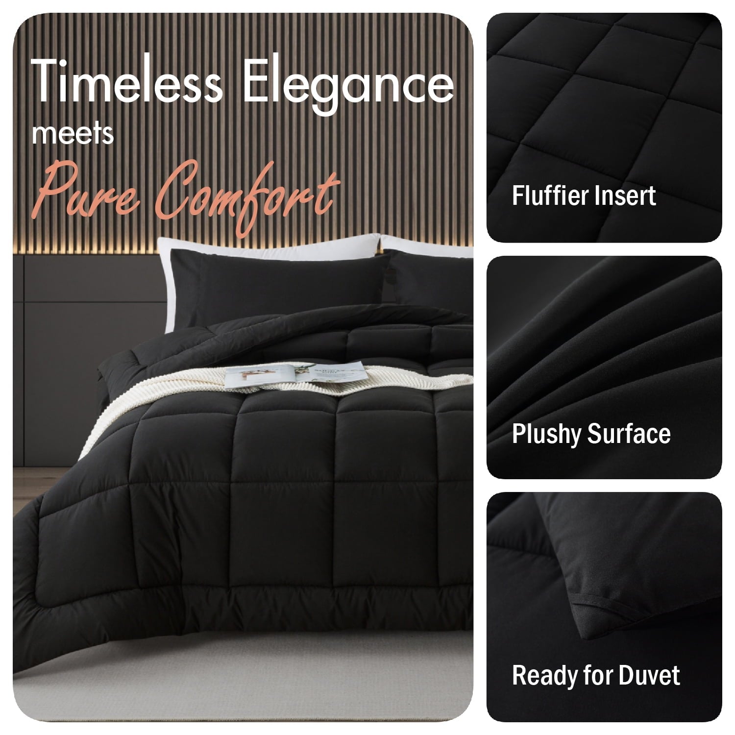Hypoallergenic Cloud Queen Size 3-Piece All-Season Down Alternative Comforter Set Deep Black (Comforter and Pillowcase Bedding Set / bed i... - All-Season Down Alternative Comforter Insert Detail