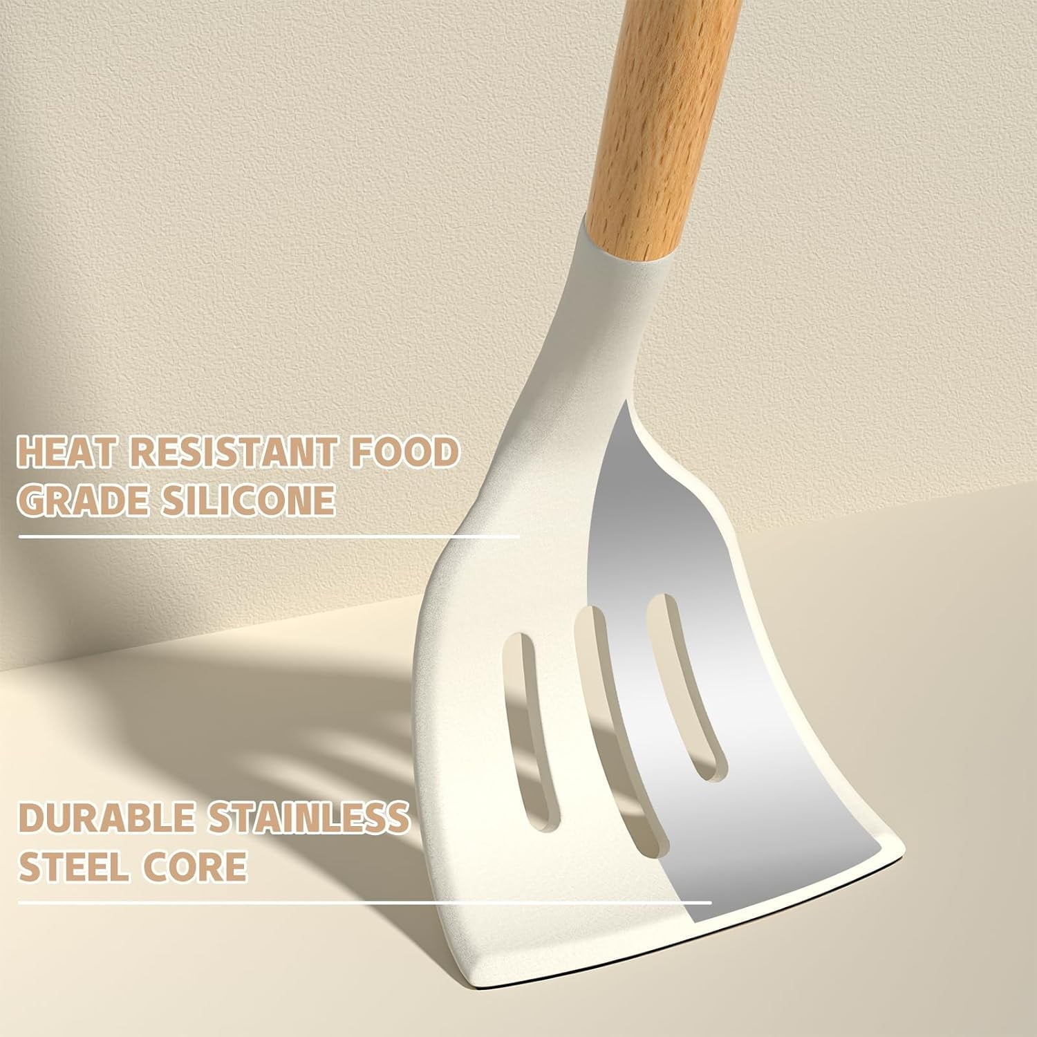 Seamless One-Piece Kitchen Cooking Utensils Set, 33 pcs Non-stick Silicone Cooking Kitchen Utensils Spatula Set with Holder, Wooden Hand... - Heat-Resistant Silicone Cooking Spatula Turner Detail