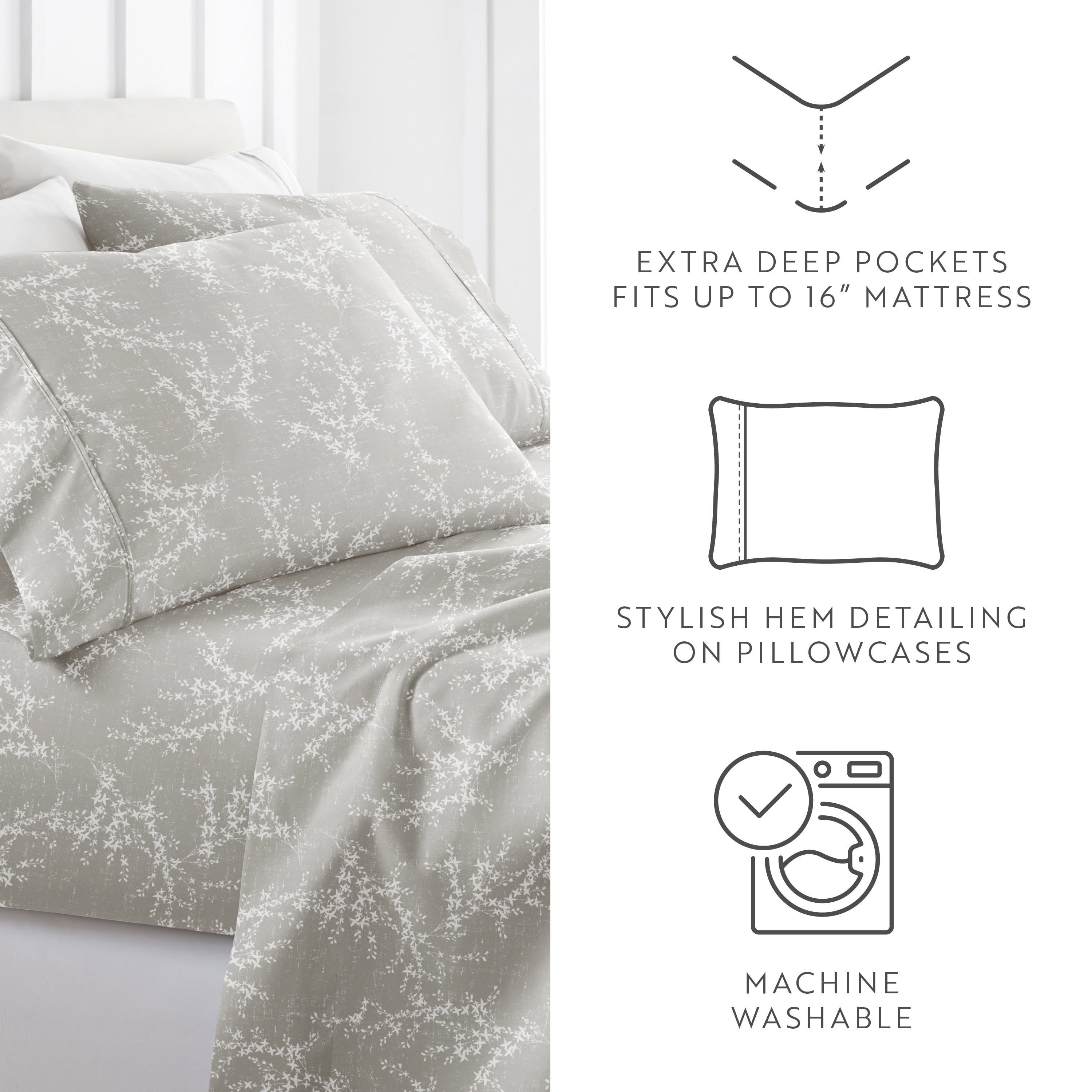 Wrinkle-Resistant 3 Piece Pattern Microfiber Bed Sheets Set, Distressed Willow Light Gray, Twin - Breathable Egyptian Cotton Flat & Fitted Sheets Detail