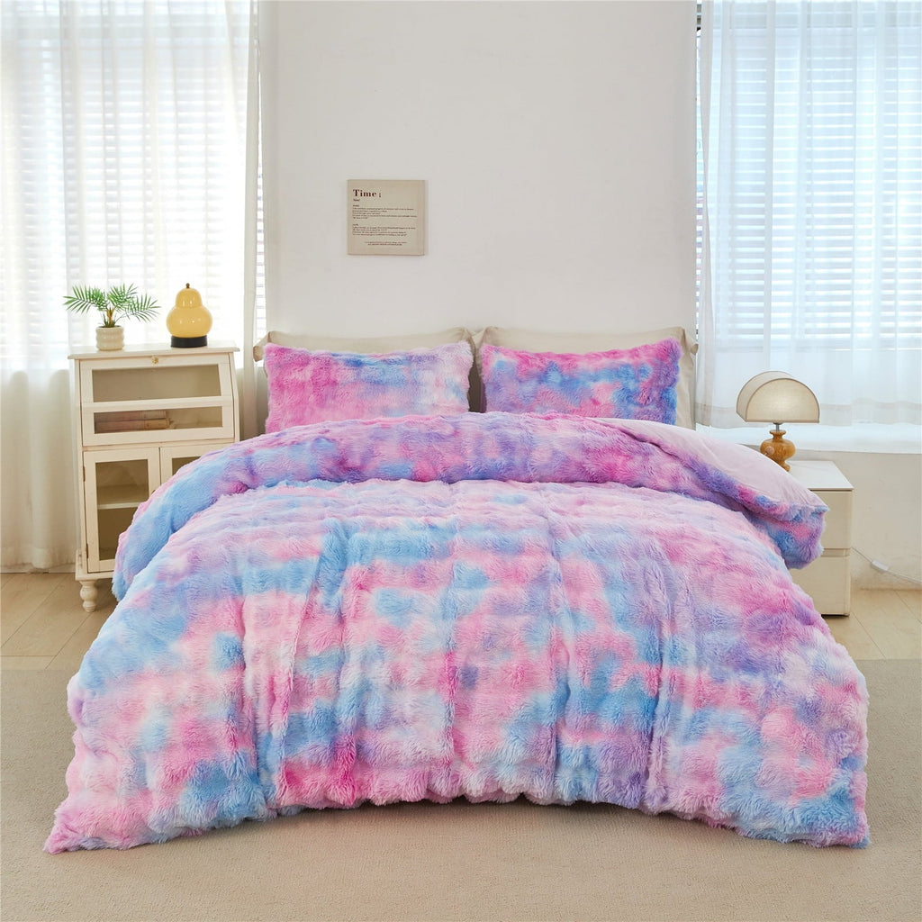 All-Season Faux Rabbit Fur Comforter Set Twin 3Pcs Girls Blue Purple Bedding Set Tie-Dyeing Soft Bed Comforter Set Warm Fuzzy Ki... - Cloud-Like Soft Lightweight Bed Comforter Detail
