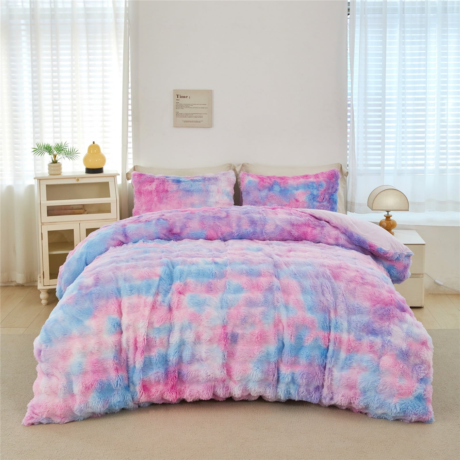All-Season Faux Rabbit Fur Comforter Set Twin 3Pcs Girls Blue Purple Bedding Set Tie-Dyeing Soft Bed Comforter Set Warm Fuzzy Ki... - Cloud-Like Soft Lightweight Bed Comforter Detail