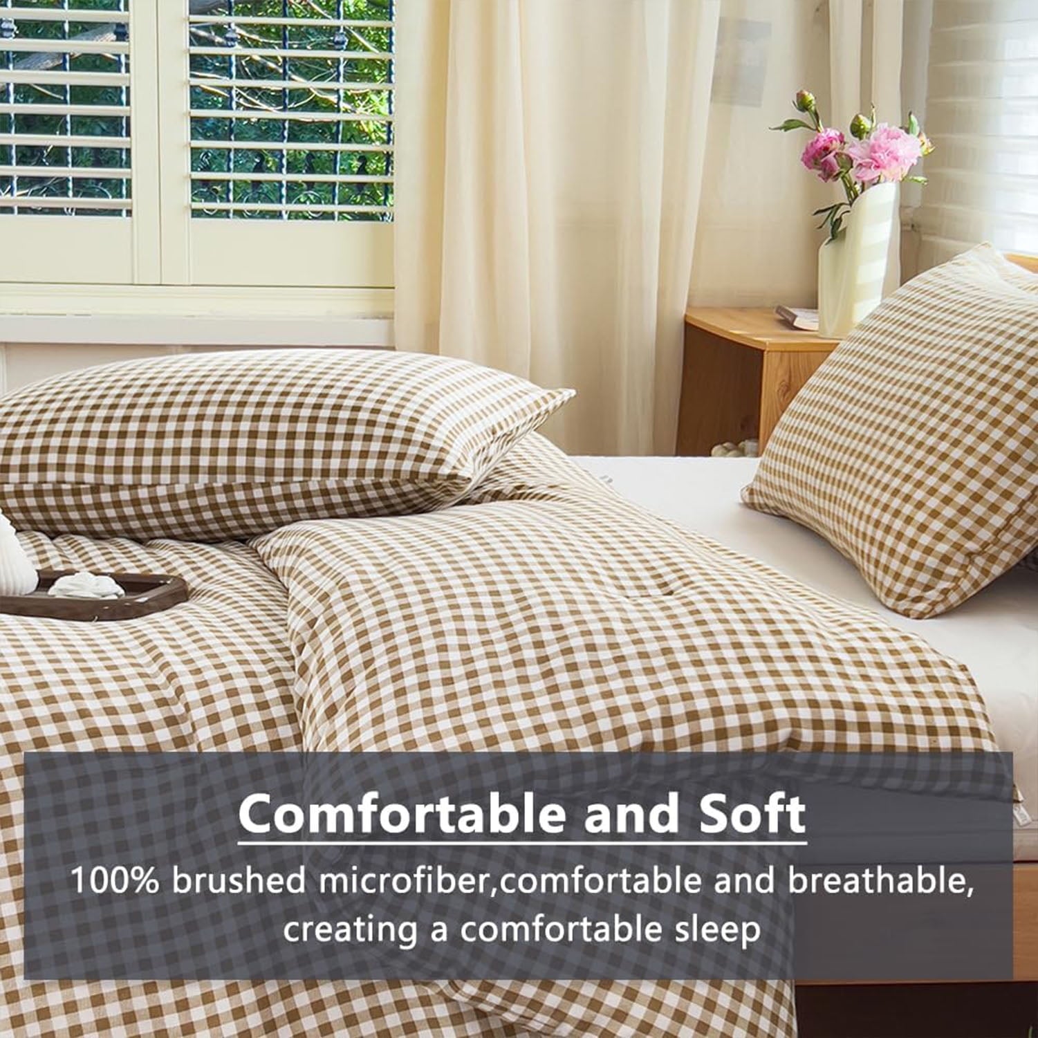 Heavyweight Warmth Tan Gingham Queen Comforter Set, Taupe Plaid Bedding Set, Checked Bed Comforter 3 Pieces(Tan Gingham, Queen) - Cloud-Like Soft Lightweight Bed Comforter Detail