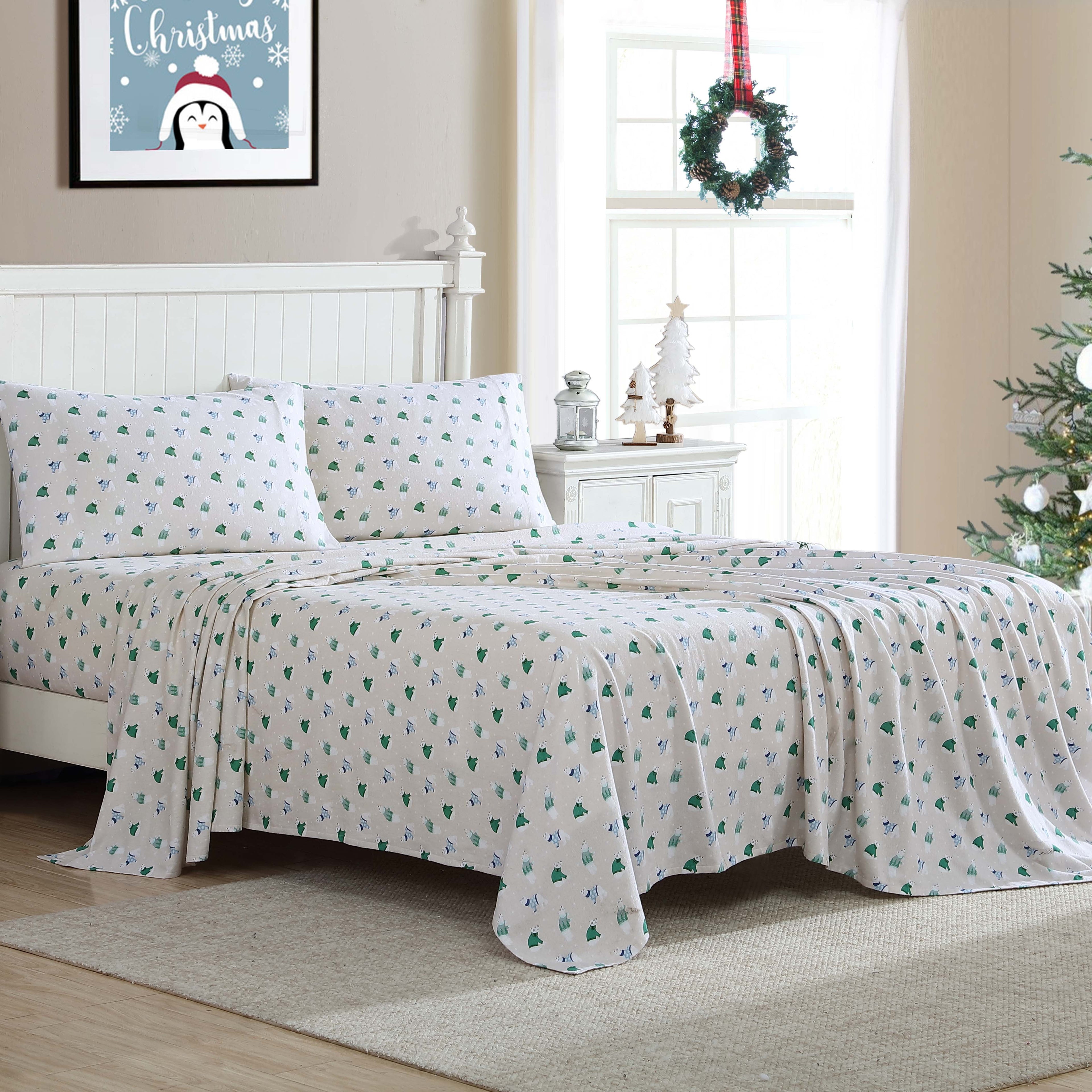 Premium Egyptian Cotton Winter Nights Cotton Flannel Sheet Set, King, Holiday Bears - Premium Ultra-Soft Pillowcase Pair for Sleeping Detail