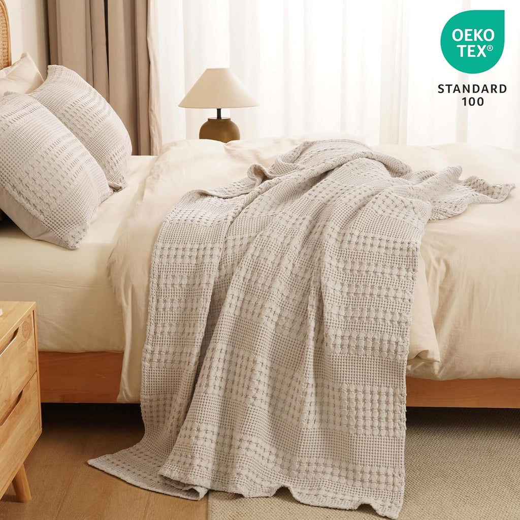 Super Soft Flannel 100% Cotton Waffle Weave Blanket, Lightweight Throw Washed Blanket for Bed Sofa Home Decor, Oatmeal, 50"x60" - Lightweight Plush Warm Blanket for All Seasons Detail