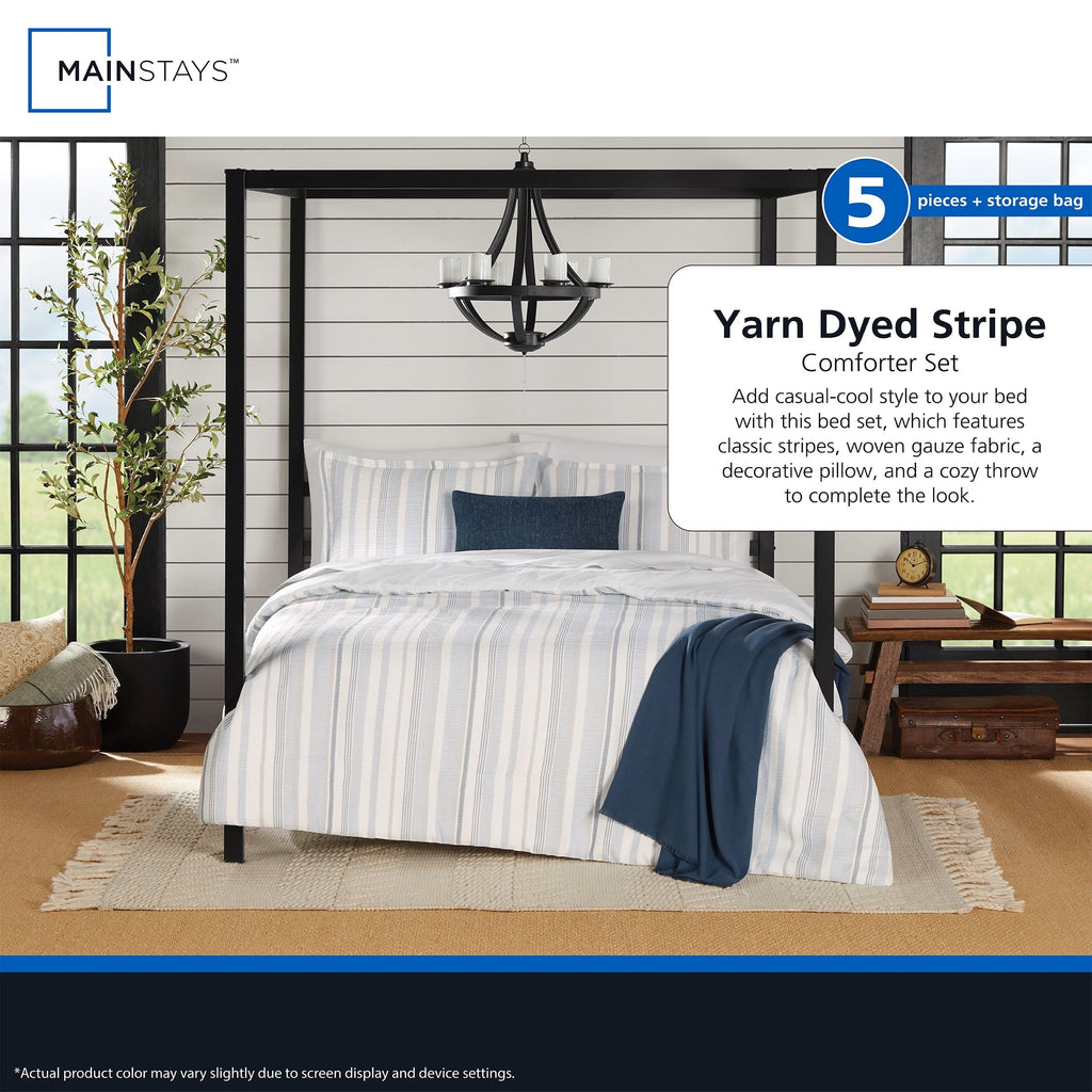 Heavyweight Warmth Full/Queen Comforter Set, All-Season, 5-Piece, Blue Yarn Dyed Stripe - All-Season Down Alternative Comforter Insert Detail