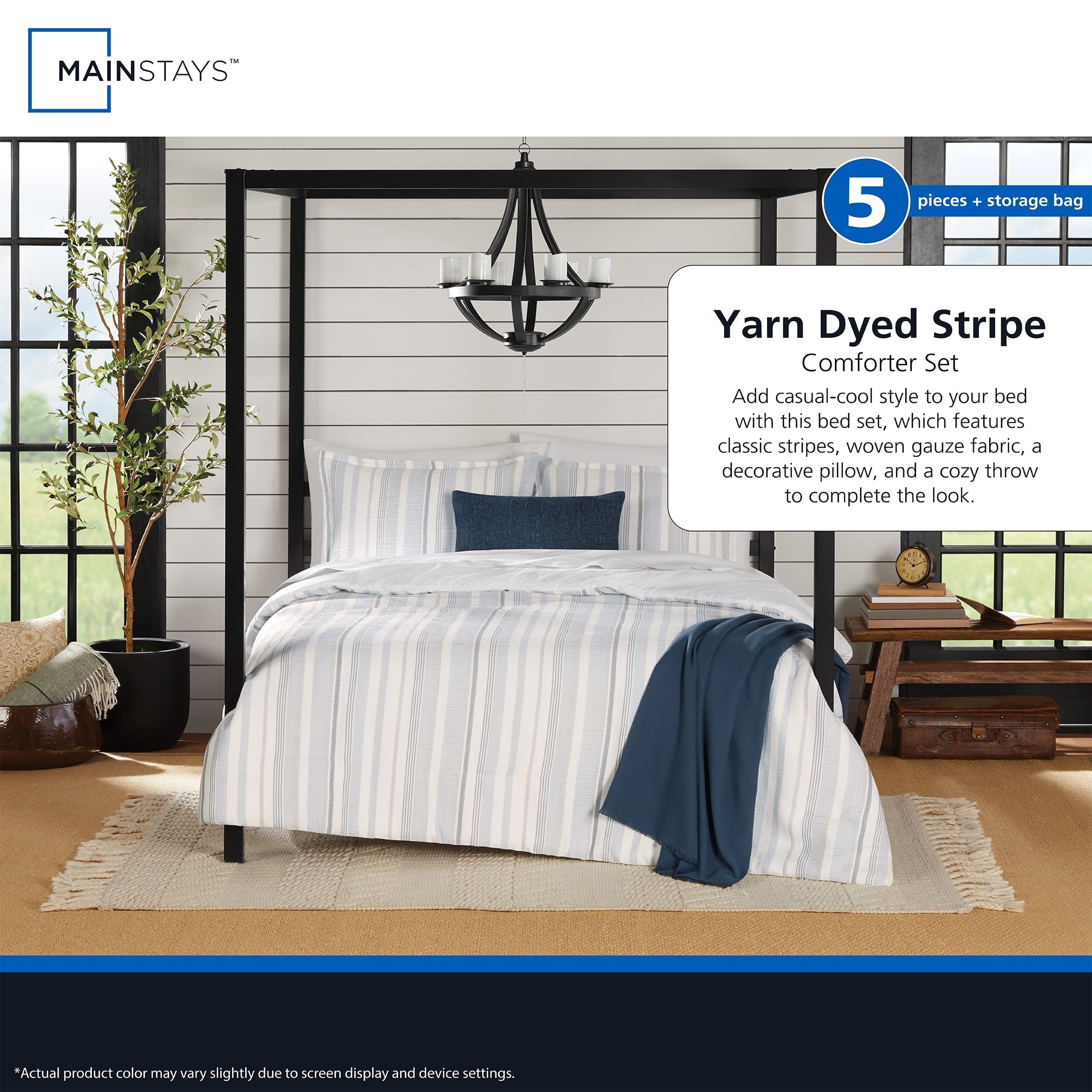 Heavyweight Warmth Full/Queen Comforter Set, All-Season, 5-Piece, Blue Yarn Dyed Stripe - All-Season Down Alternative Comforter Insert Detail