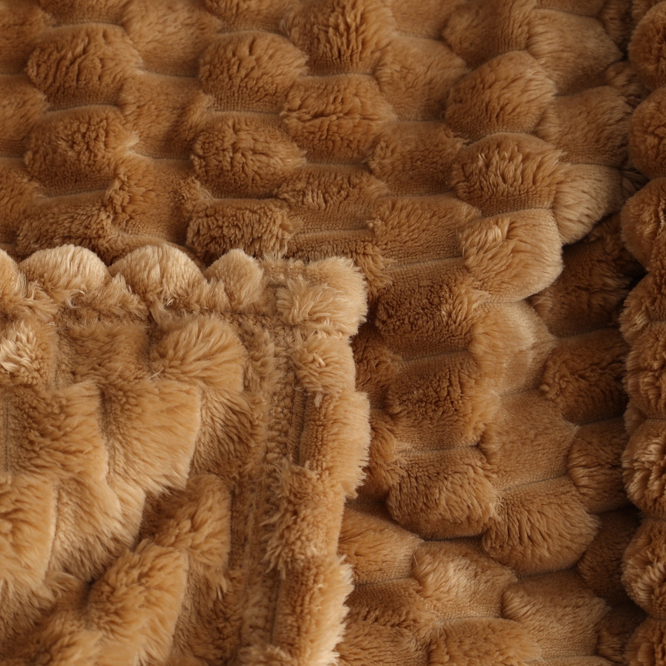 Lightweight Warm Textured Velvet Plush Oversized Throw Blanket in Dark Caramel - Luxury Knitted Decorative Throw Blanket with Fringes Detail