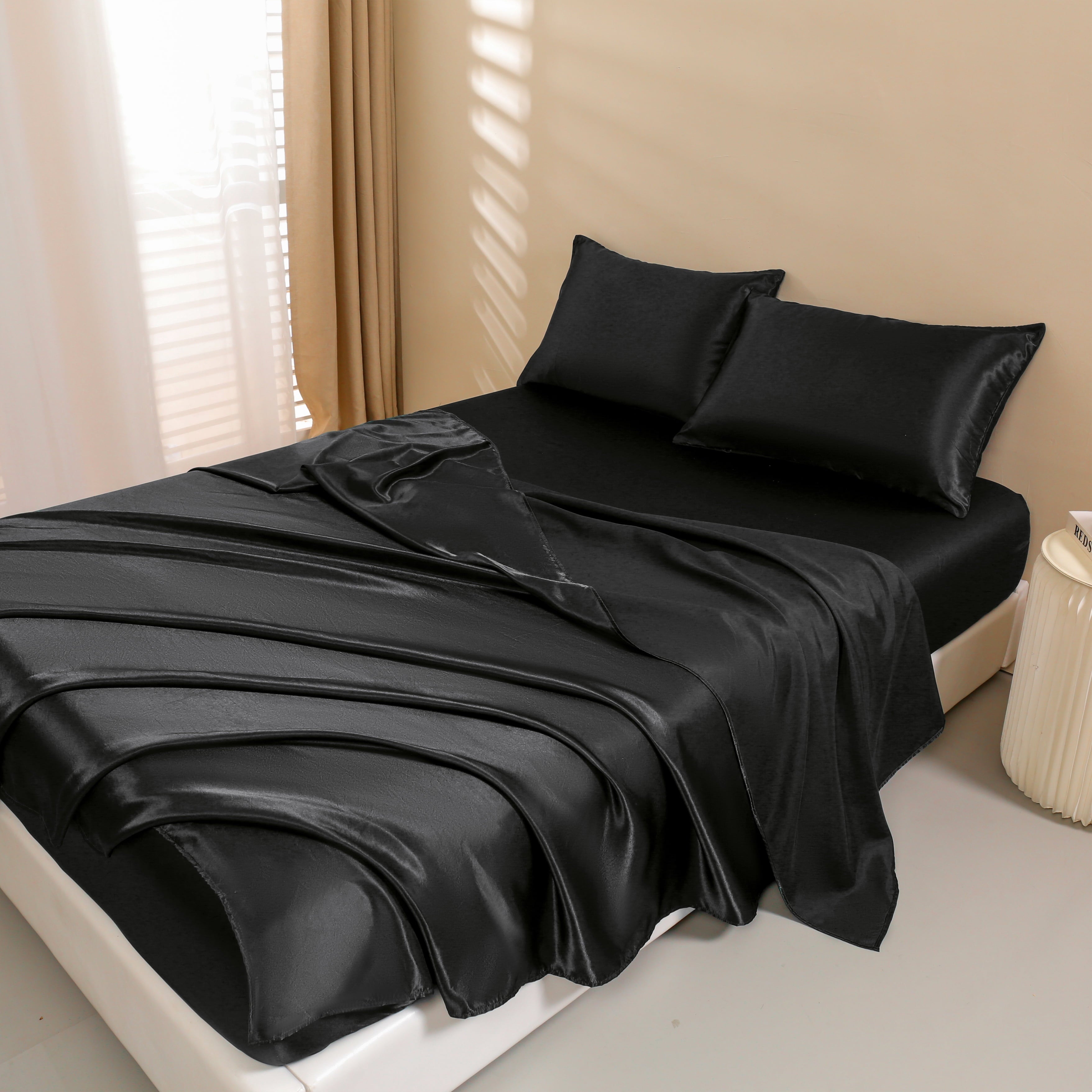 Breathable Luxury 4Pcs Black Satin Sheets Queen Set Silk Sheets 13" Deep Pocket Ultra Soft silky Bed Sheet Set - Breathable Egyptian Cotton Flat & Fitted Sheets Detail