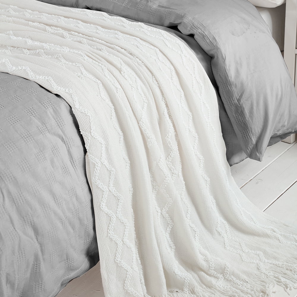 Decorative Knitted Fluffy Chenille Knitted Fringe Throw Blanket, Lightweight Soft Cozy Bed Sofa Chair Blanket, White, 50" x 60" - Super Soft Reversible Sherpa Flannel Blanket Detail