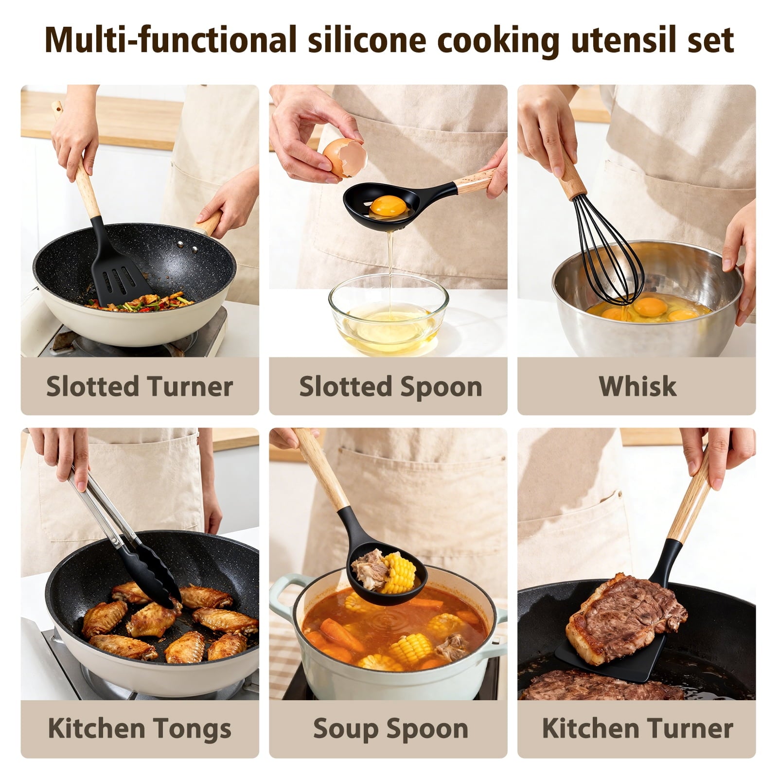 Non-Stick Safe Silicone Cooking Utensils Set, Heat Resistant Kitchen Cooking Utensils Set, 12 PCS Handle Silicone Kitchen Gadgets Ut... - Ergonomic Kitchen Tongs and Cooking Spoon Utensil Detail