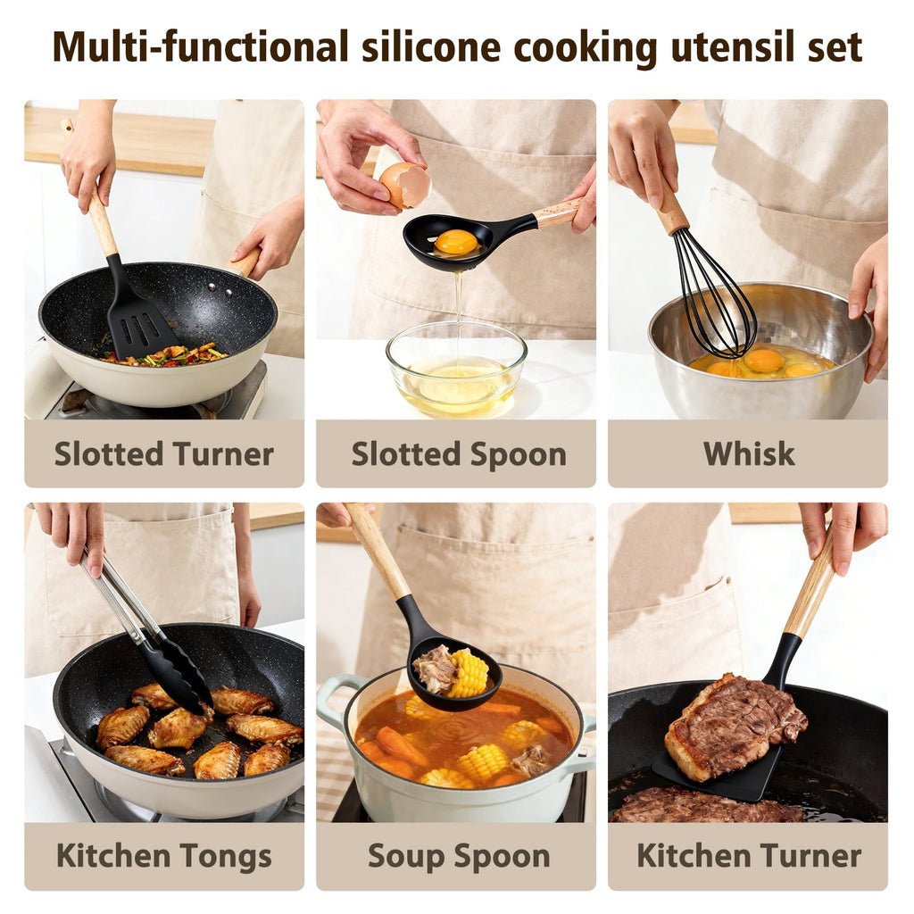 Heavy Duty Silicone Cooking Utensils Set, Heat Resistant Kitchen Cooking Utensils Set, 12 PCS Handle Silicone Kitchen Gadgets Ut... - Multi-Purpose Hand Tool for Daily Meal Prep Detail