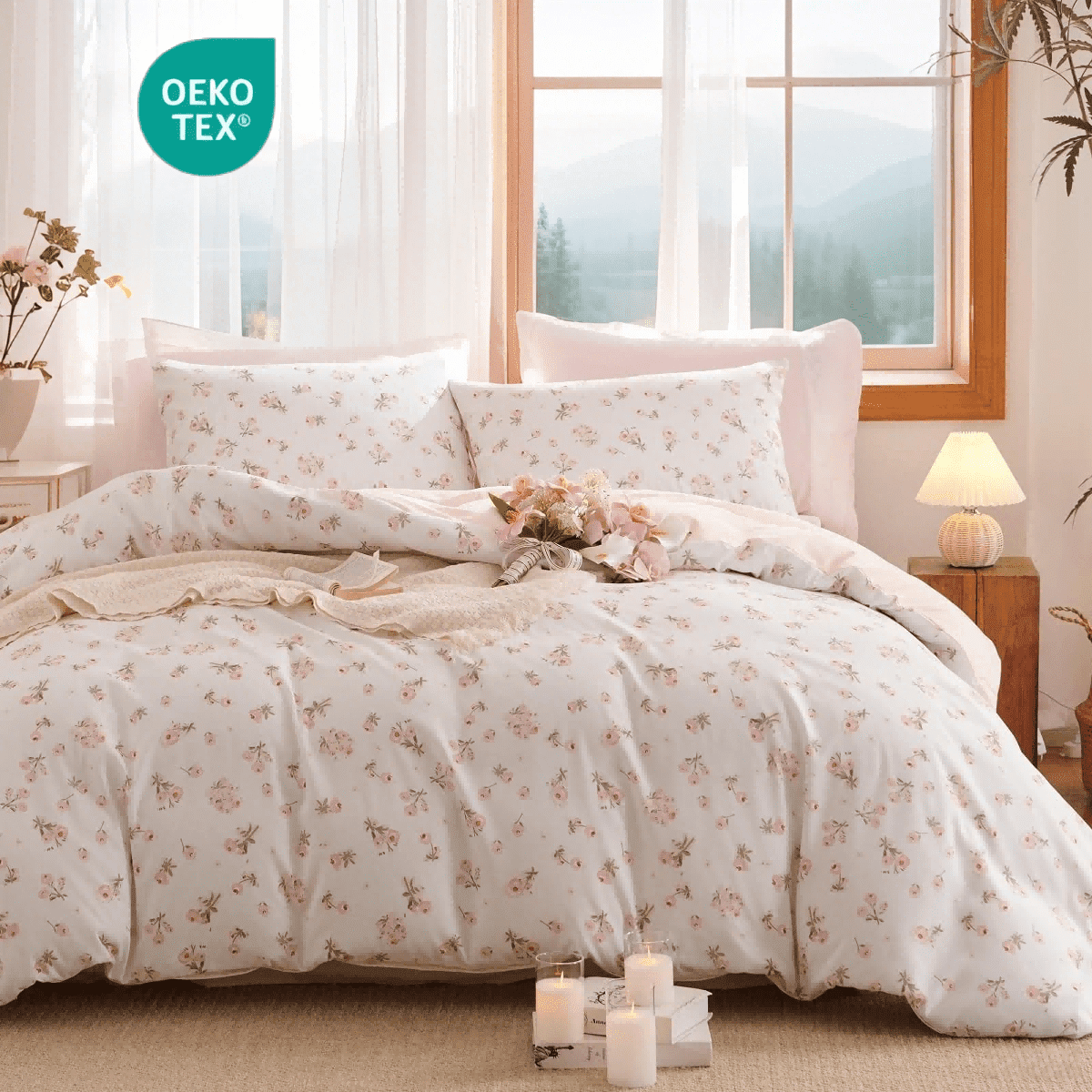 Luxurious Quilted Pink loyalty Floral Comforter Queen Sets, 3 Pieces Chic Botanical Pink White Floral Reversible Comforter for All Season - Hypoallergenic Ultra-Fluffy Quilt for Winter Detail